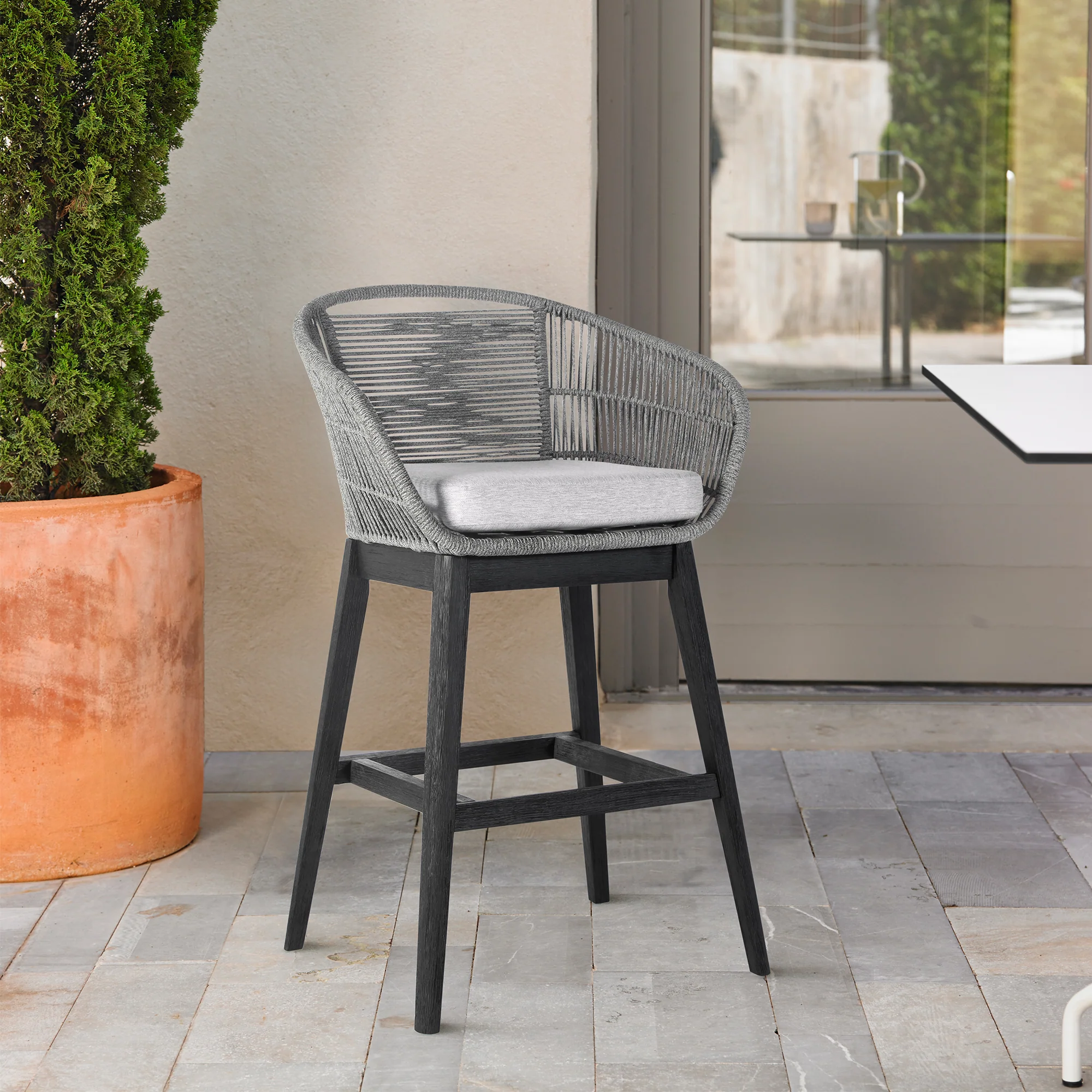 Tutti Frutti Indoor Outdoor Bar Height Bar Stool in Black Brushed Wood with Grey Rope By Armen Living