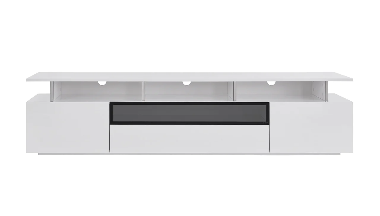 Tv Unit High Gloss White With Gray Glass Middle Drawer 2 Drawers And 2 Doors By Homeroots