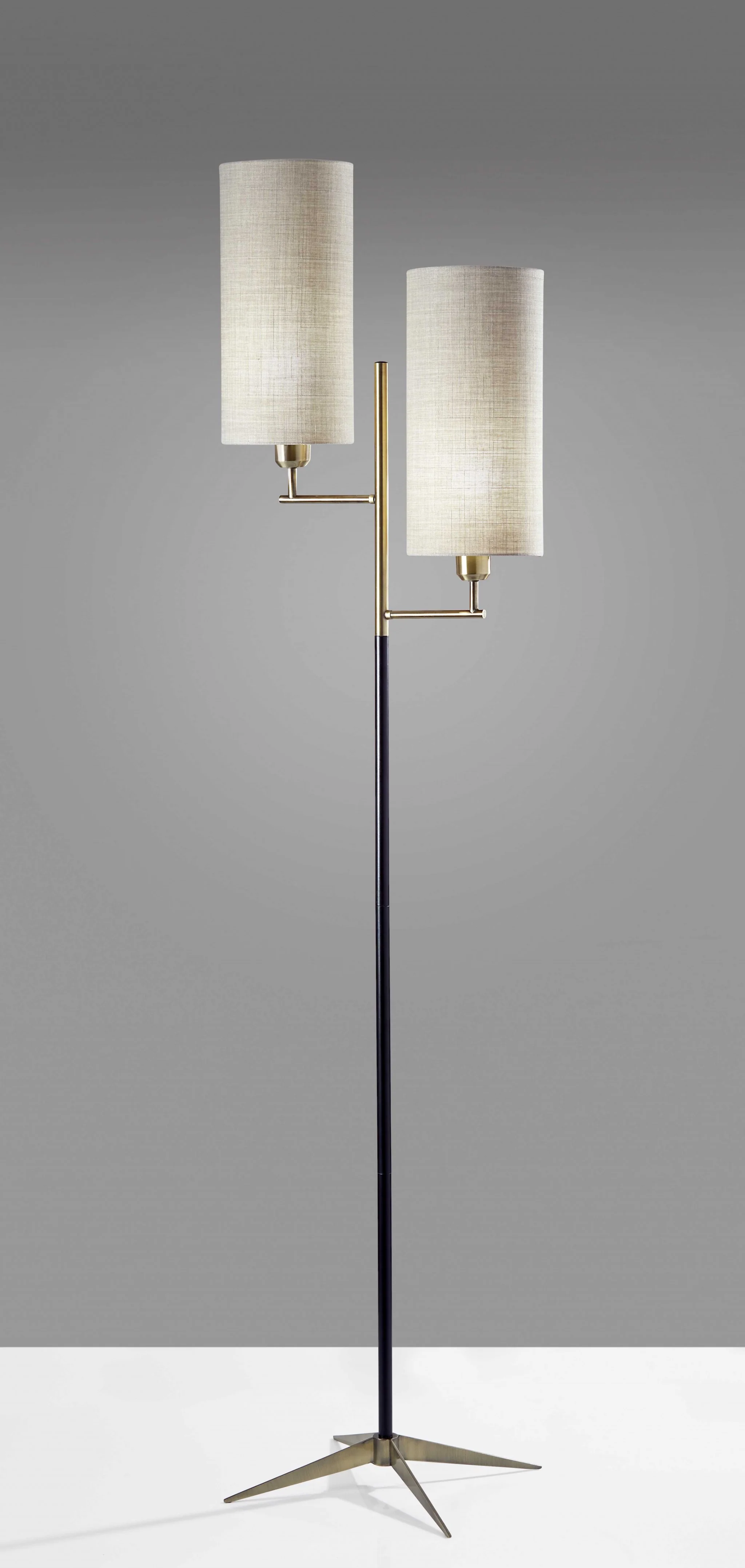 Two Light Floor Lamp Antique Brass Metal Tripod Base with Matte Black Accent and Tall Natural Fabric Shade By Homeroots