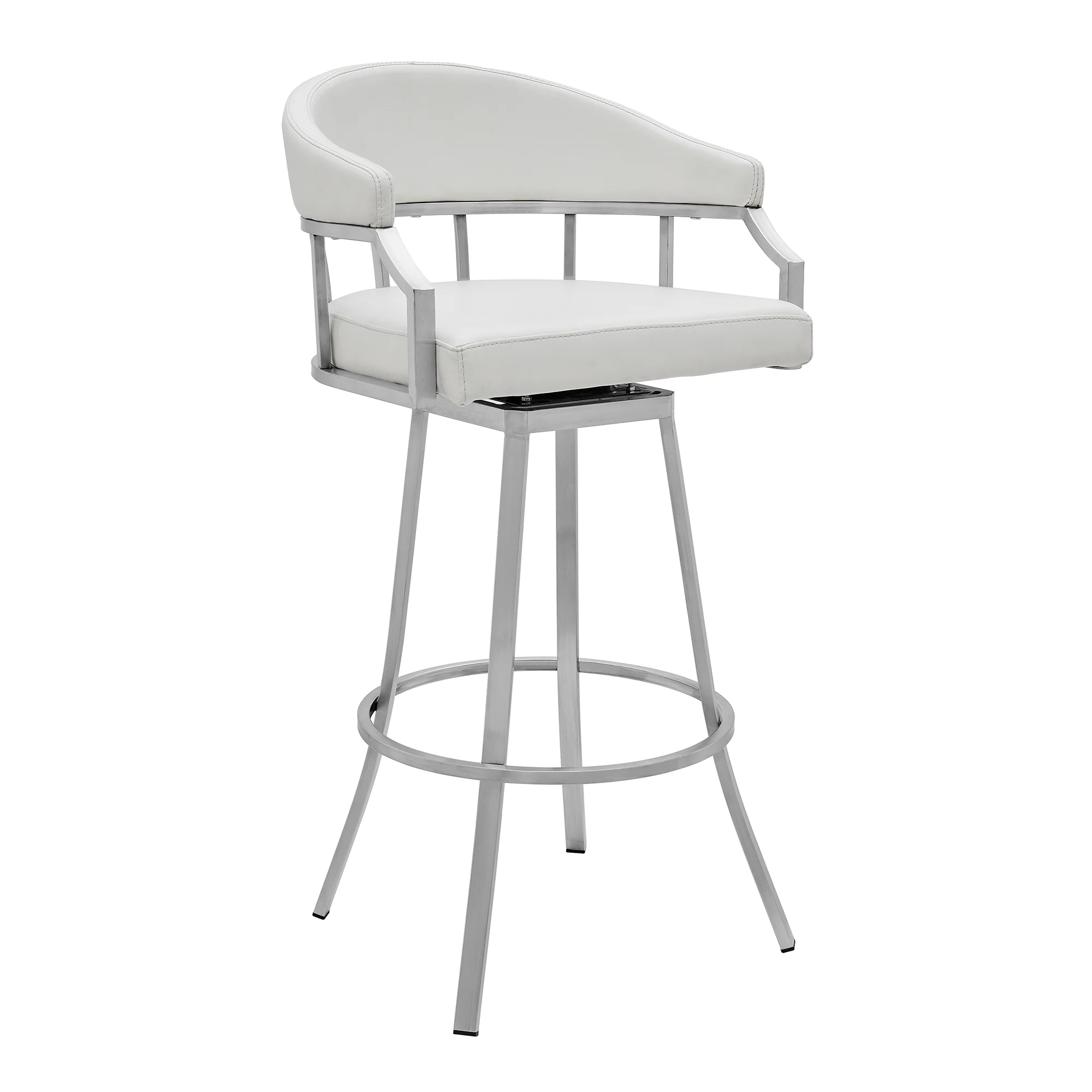Valerie 26" Counter Height Swivel Modern White Faux Leather Bar and Counter Stool in Brushed Stainless Steel Finish By Armen Living - Image 2
