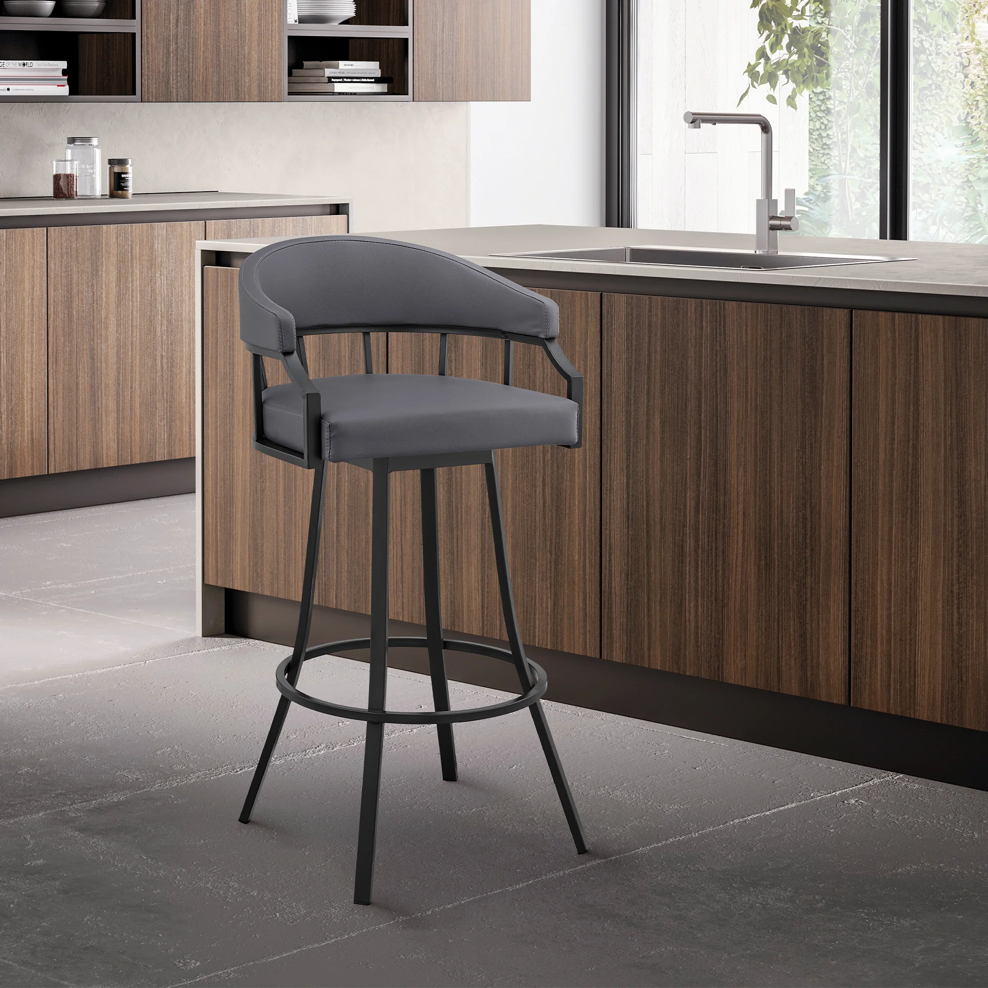 Valerie 30" Swivel Slate Grey Faux Leather and Black Metal Bar Stool By Armen Living