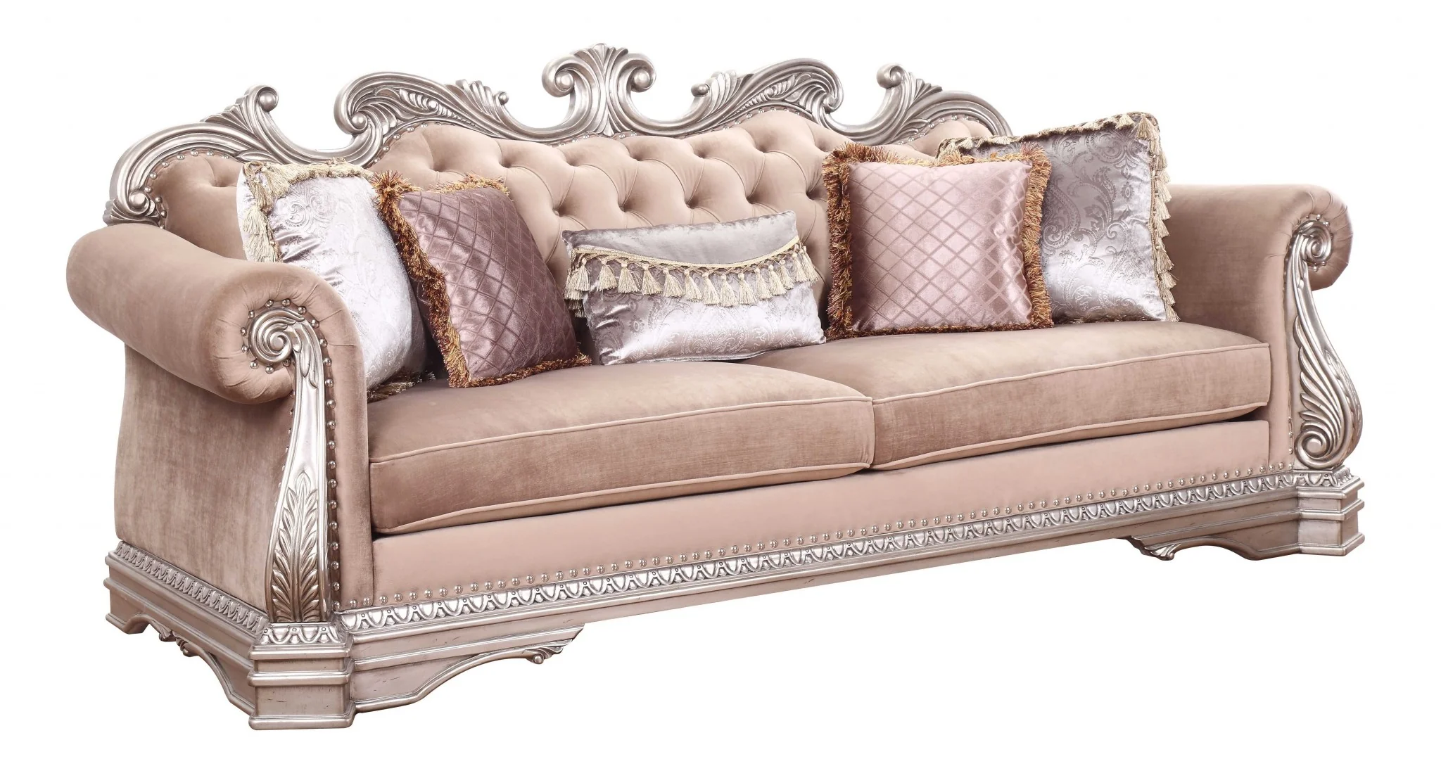 Velvet Antique Champagne Upholstery PolyResin Sofa w Pillows By Homeroots