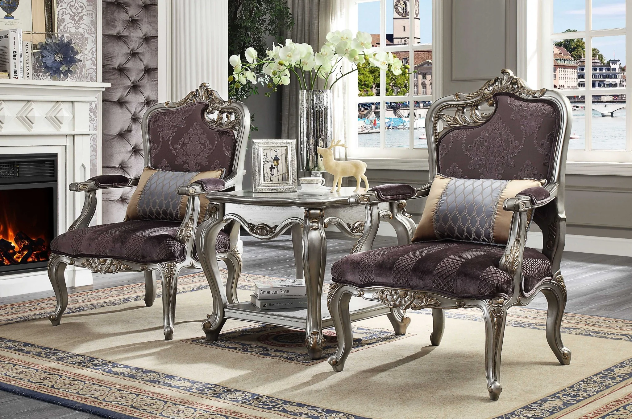 Velvet Antique Platinum Finish Chair With Pillow By Homeroots - 347267 - Image 2