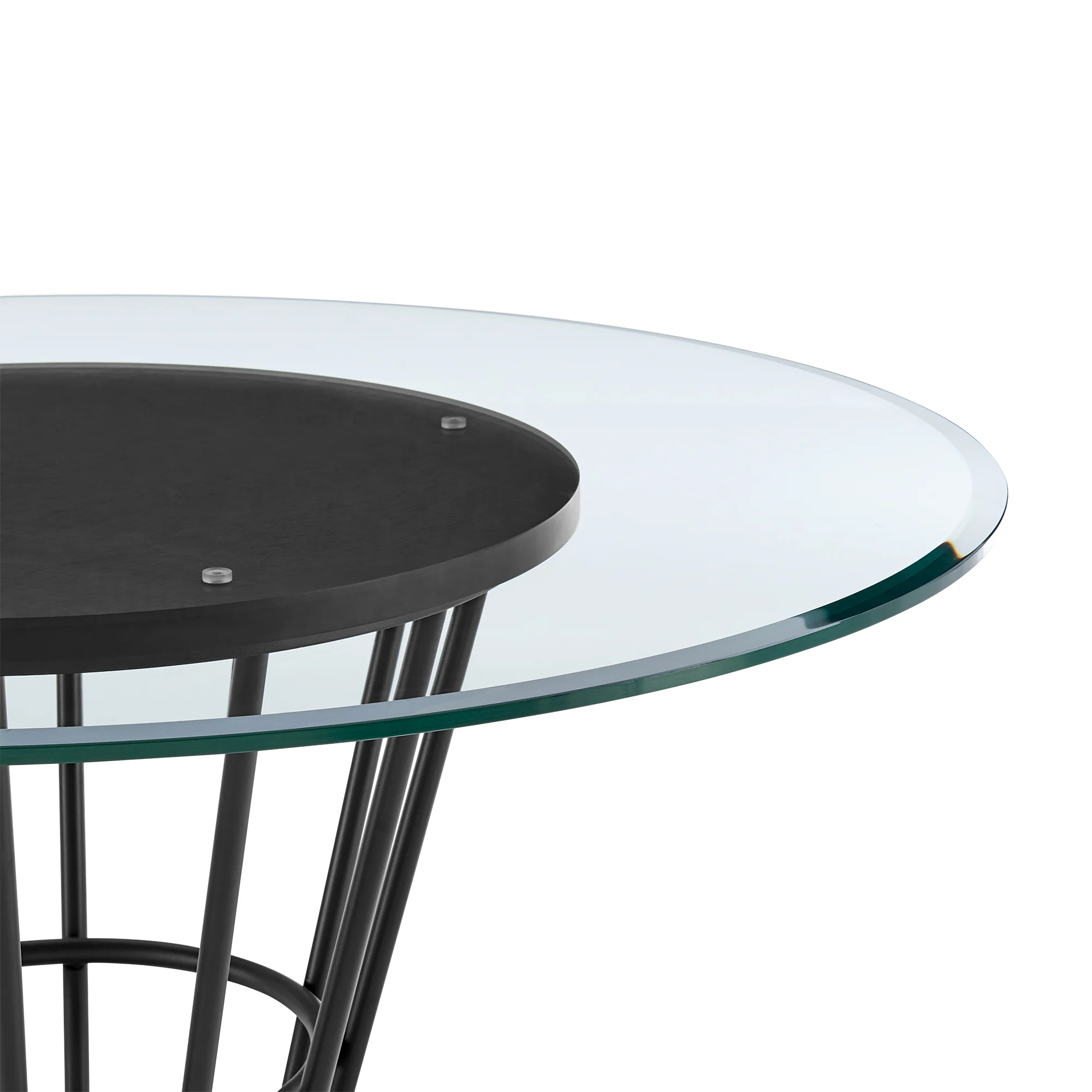 Veronica 48" Round Dining Table in Black Iron Base with Walnut Panel and Glass Tabletop By Armen Living - Image 5