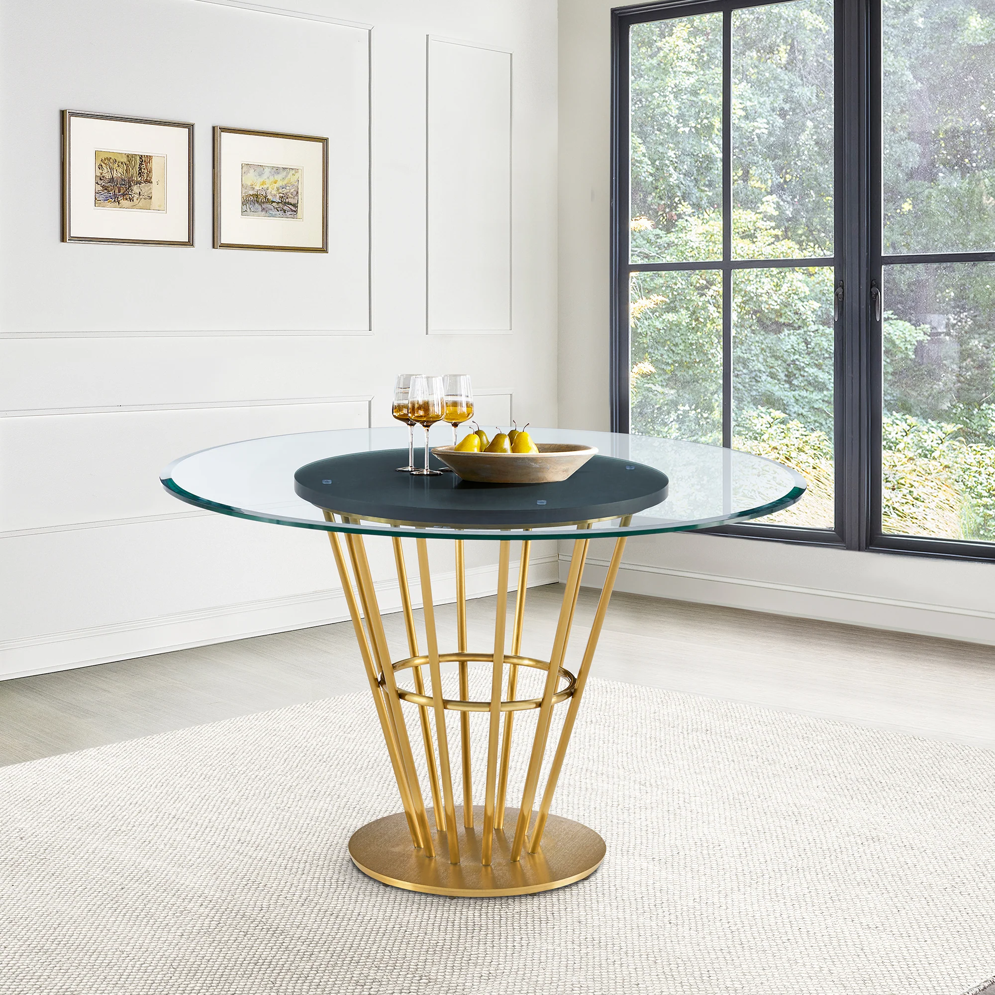 Veronica 48" Round Dining Table in Gold Stainless Steel Base with Walnut Panel and Glass Tabletop By Armen Living