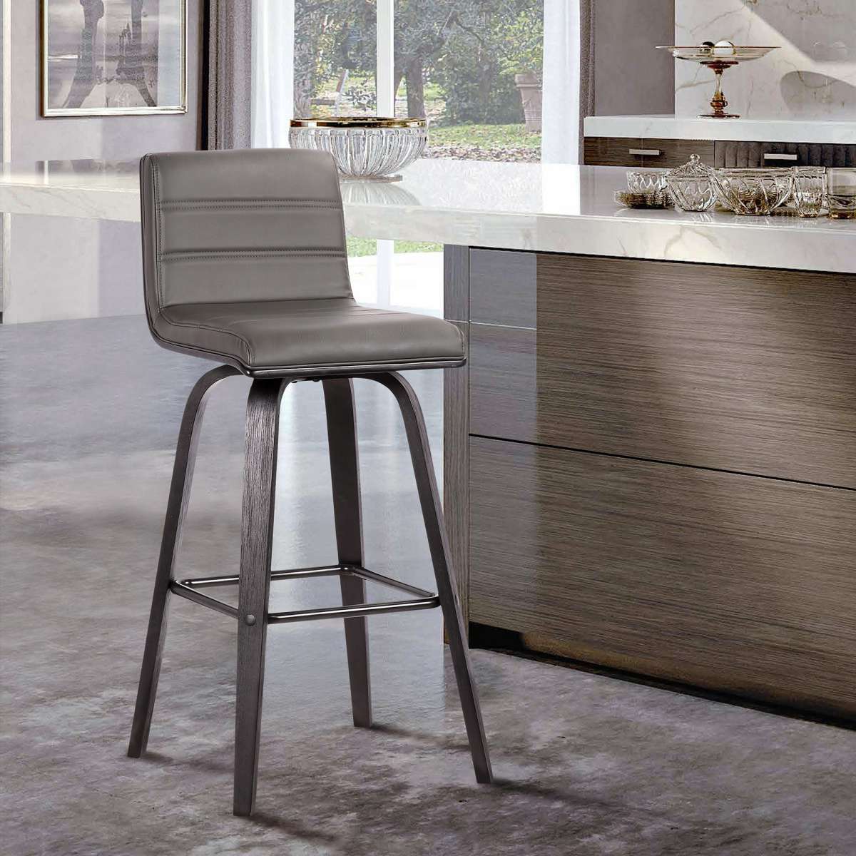 Vienna 30" Bar Height Swivel Grey Faux Leather and Black Wood Bar Stool By Armen Living