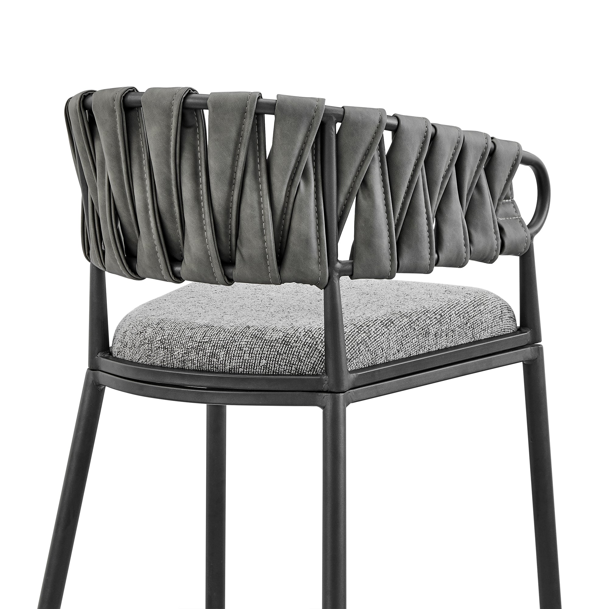 Vigona Bar Stool in Black Metal with Grey Fabric and Faux Leather By Armen Living - Image 10