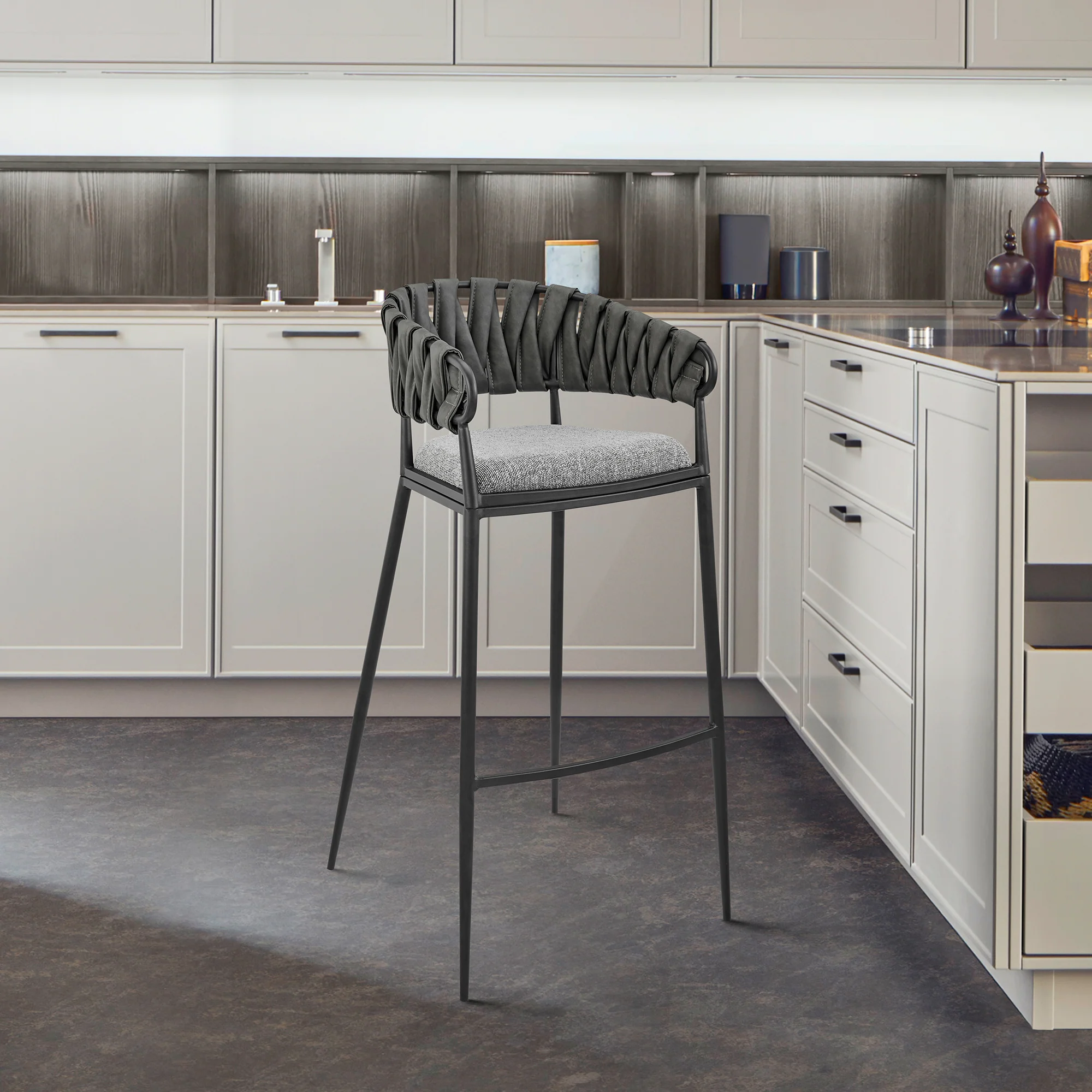 Vigona Counter Stool in Black Metal with Grey Fabric and Faux Leather By Armen Living