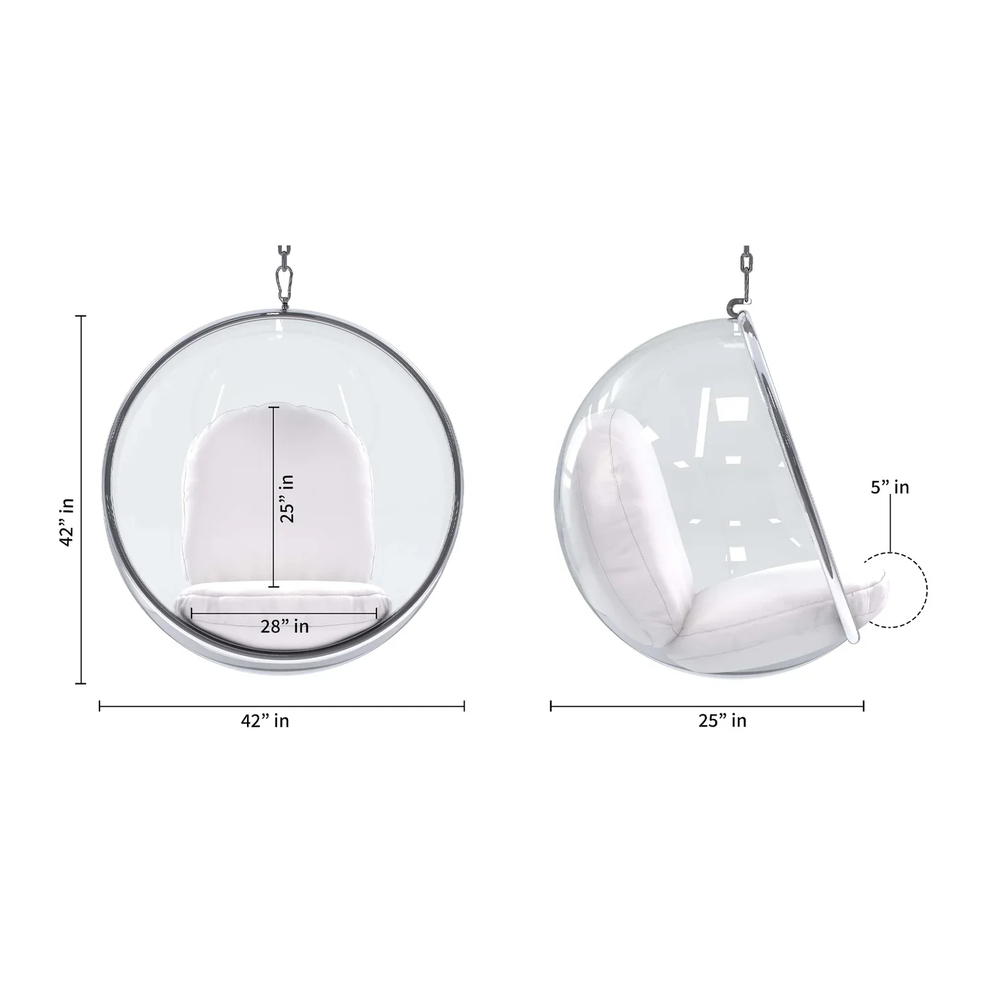Vinyl and Steel Hanging Bubble Chair with Stand, White, Pillow Style-1 By World Modern Design - Image 2