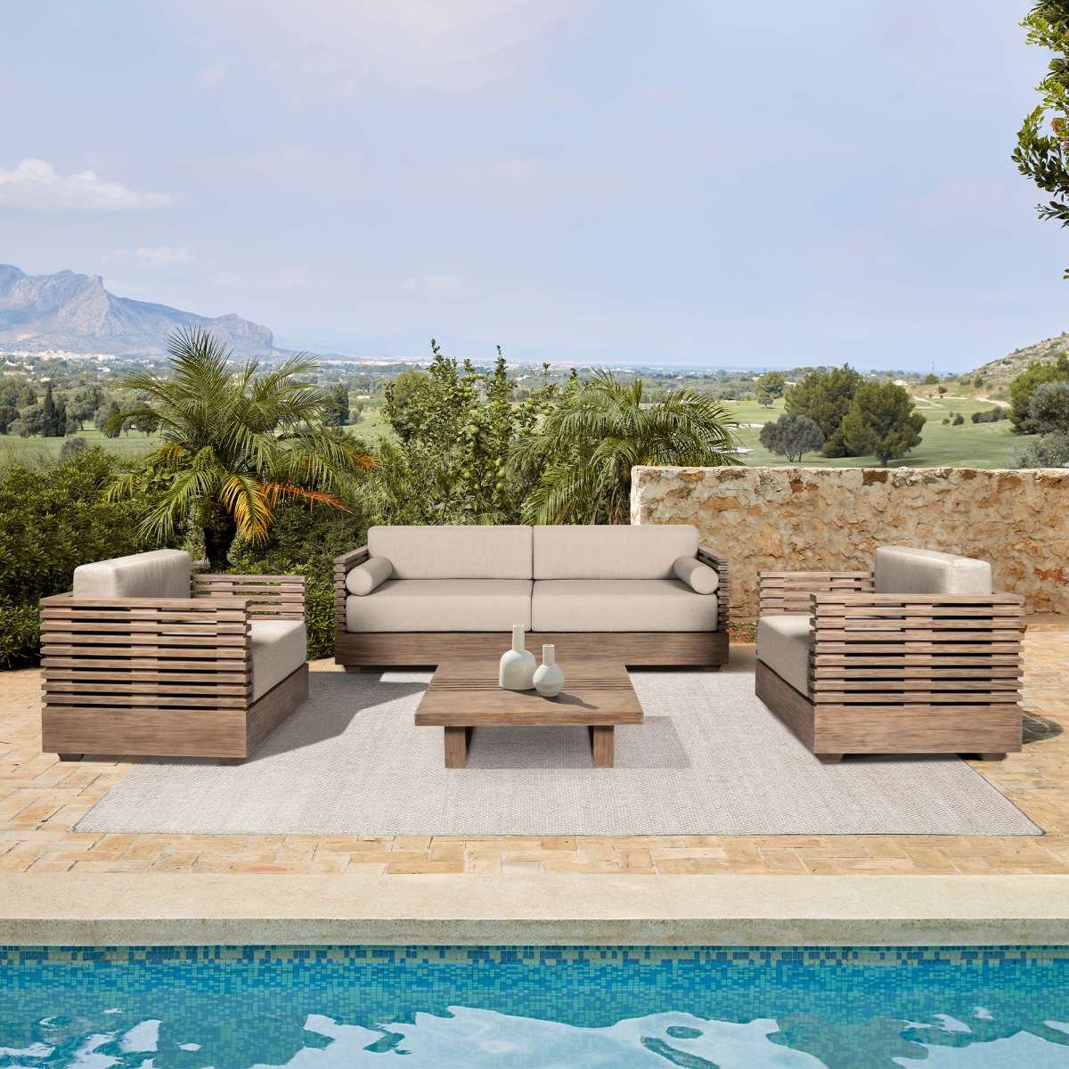 Vivid Outdoor Patio 4 Piece Conversation Set in Light Eucalyptus Wood with Taupe Olefin Cushions
By Armen Living