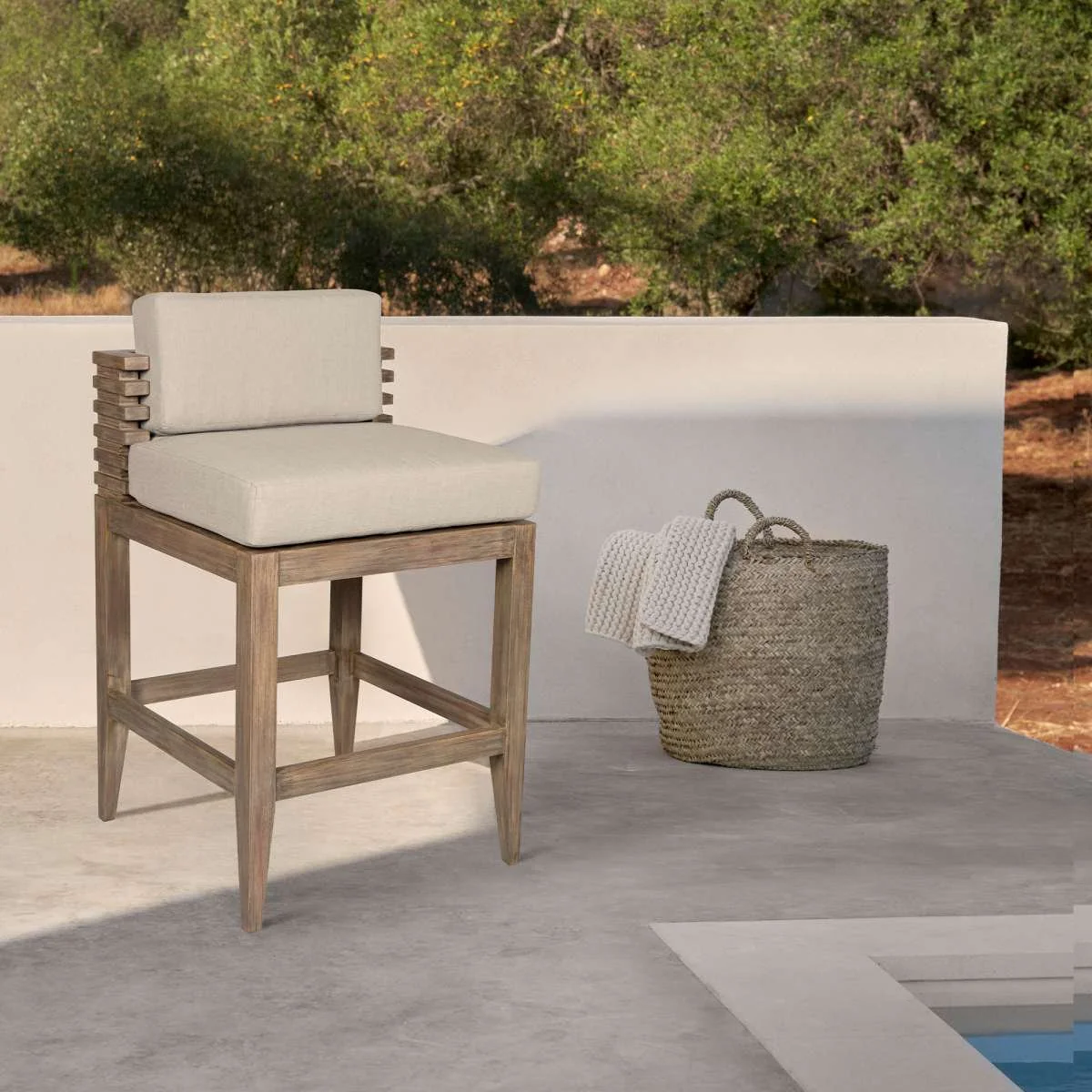 Vivid Outdoor Patio Counter Stool in Light Eucalyptus Wood with Taupe Olefin Cushions By Armen Living