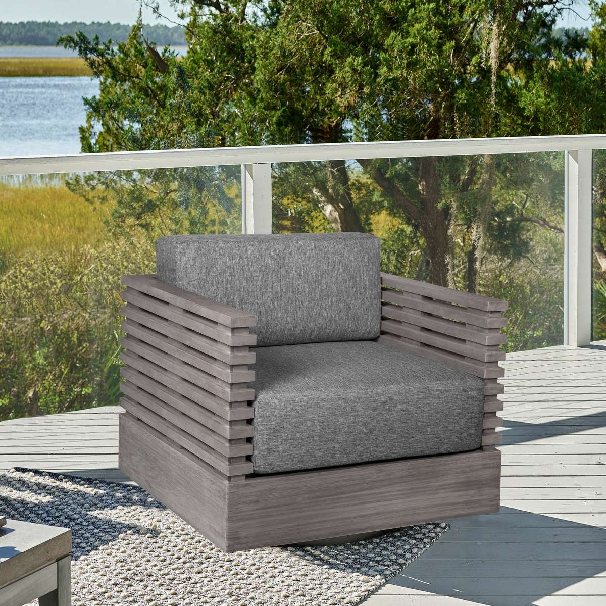 Vivid Swivel Outdoor Patio Chair in Gray Eucalyptus Wood with Gray Olefin Cushions By Armen Living