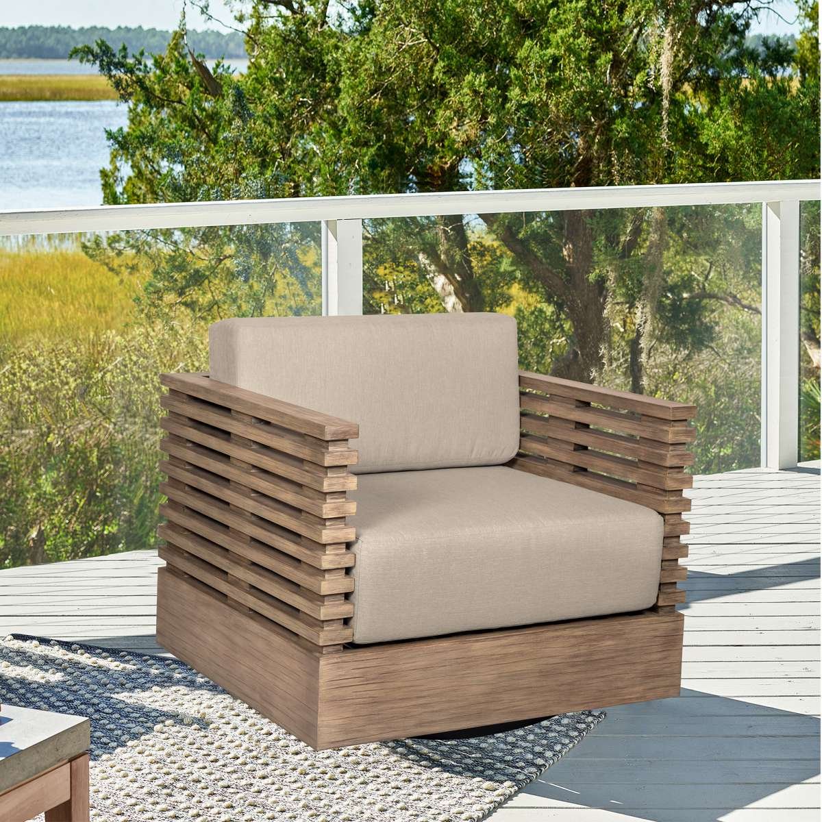 Vivid Swivel Outdoor Patio Chair in Light Eucalyptus Wood with Taupe Olefin Cushions By Armen Living