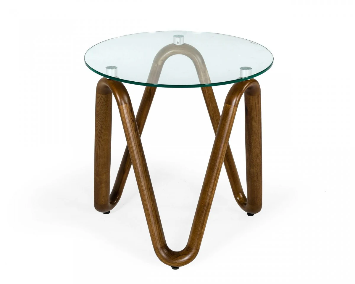 Walnut And Clear Glass Solid Wood Ribbon Base Round End Table By Homeroots