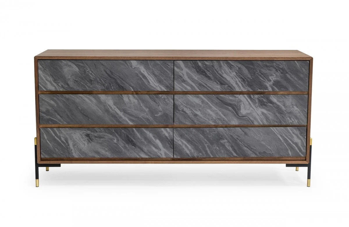 Walnut And Grey Faux Marble Wood Six Drawer Double Dresser By Homeroots
