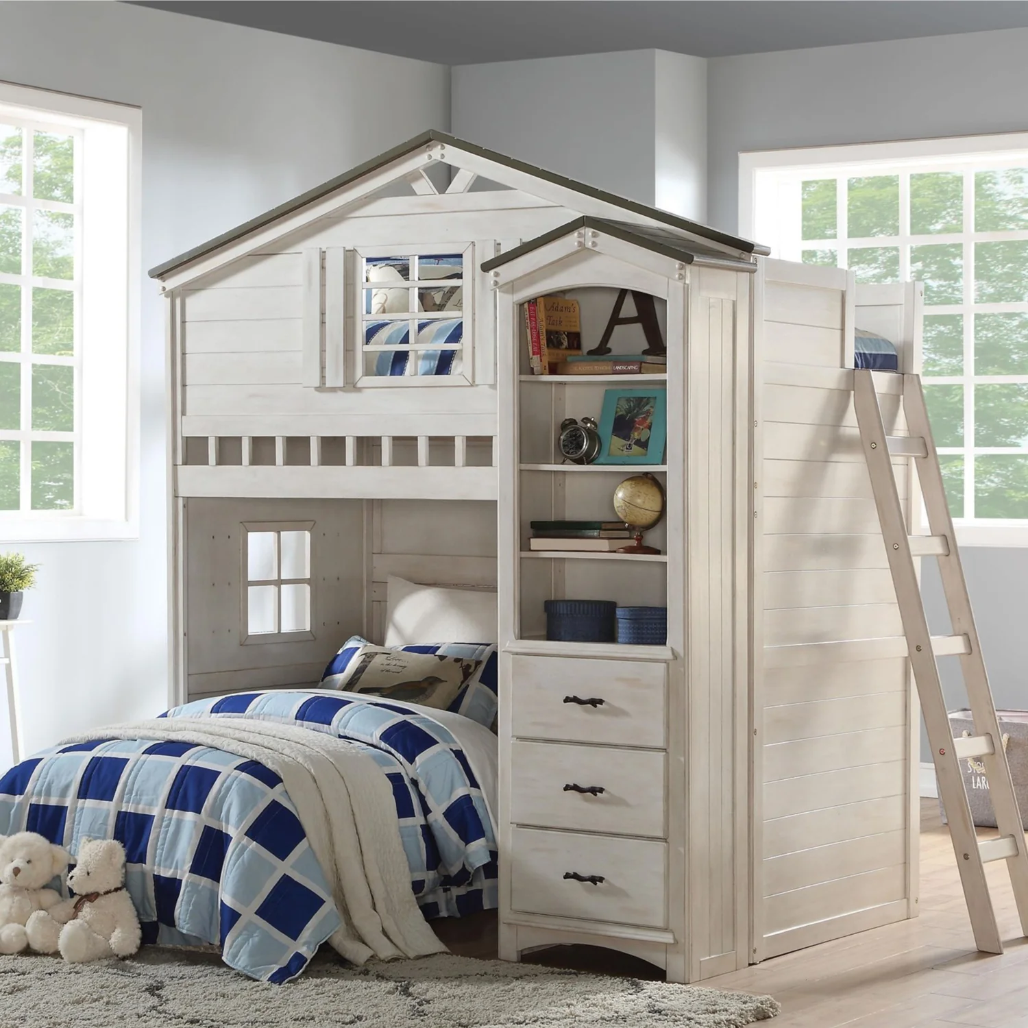 Weathered White Washed Gray Wood Loft Bed Twin Size By Homeroots