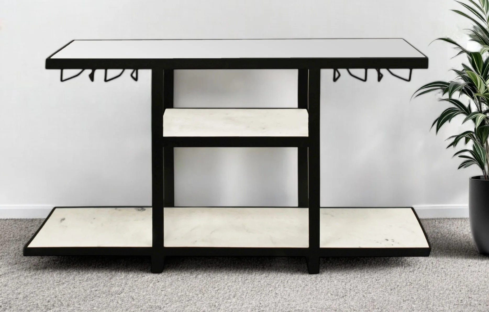 White and Black Genuine Marble Floor Shelf Console Table Two Shelves By Homeroots