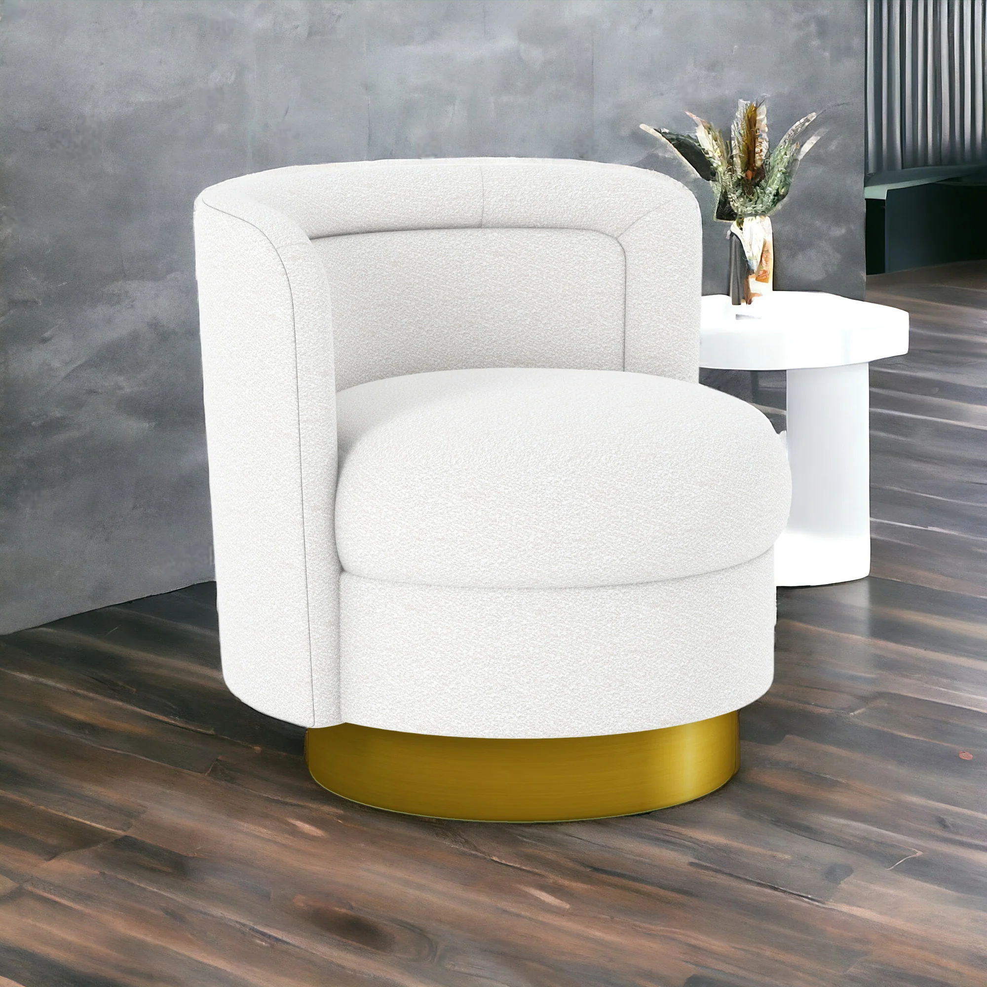 White and Gold Boucle Swivel Barrel Chair By Homeroots