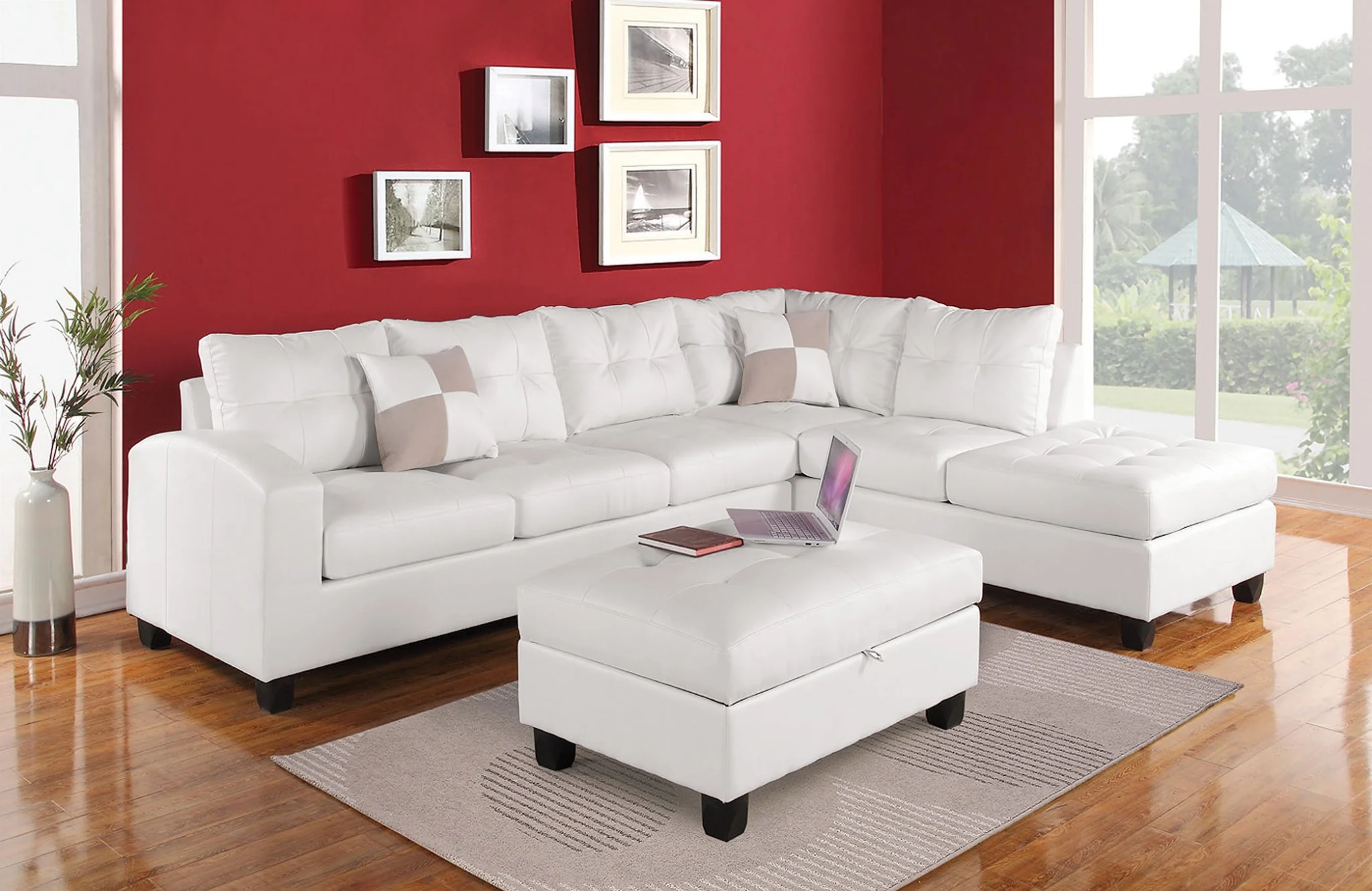White Bonded Leather Reversible Sectional Sofa With Pillows By Homeroots