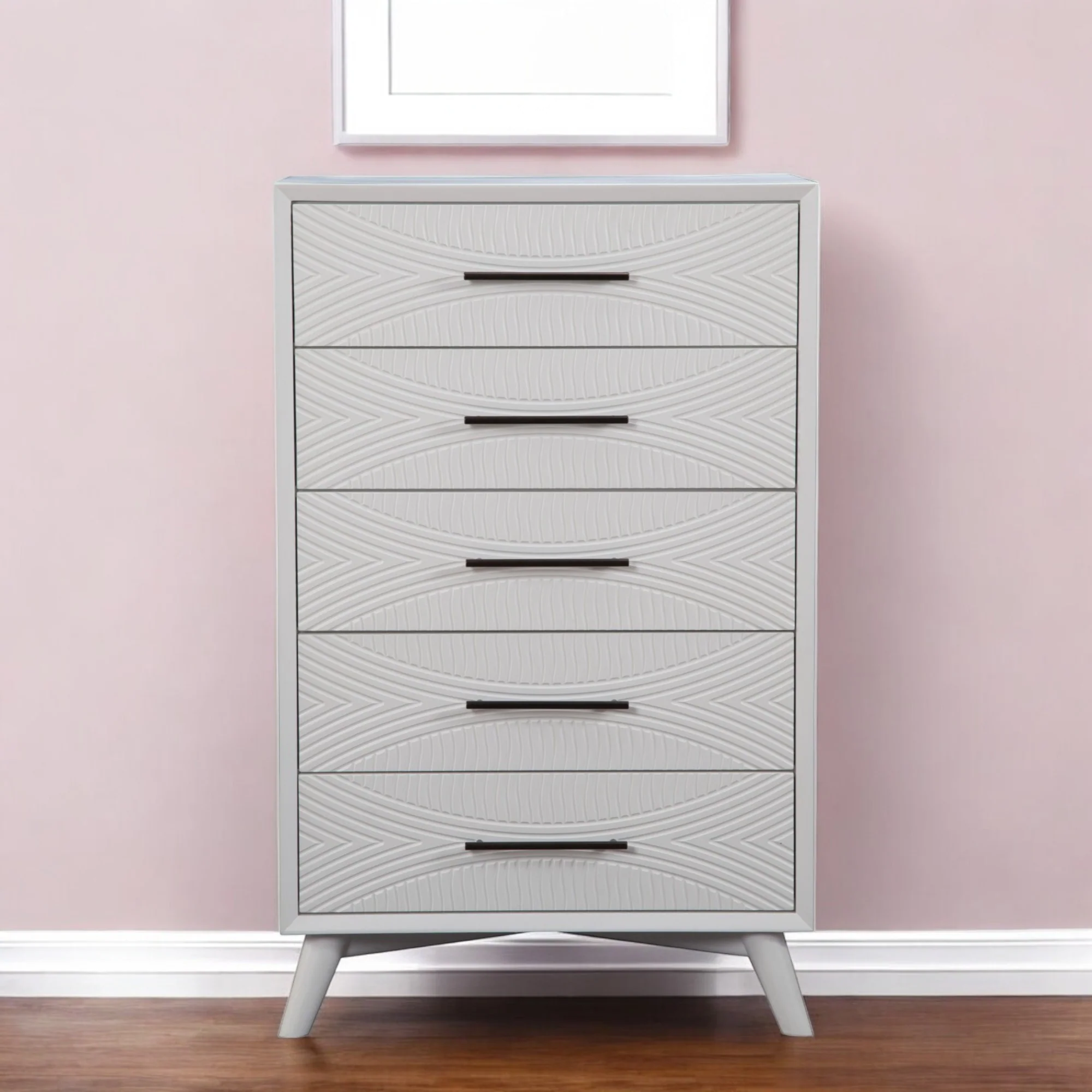White Carved Geometric Solid Wood Five Drawer Dresser By Homeroots