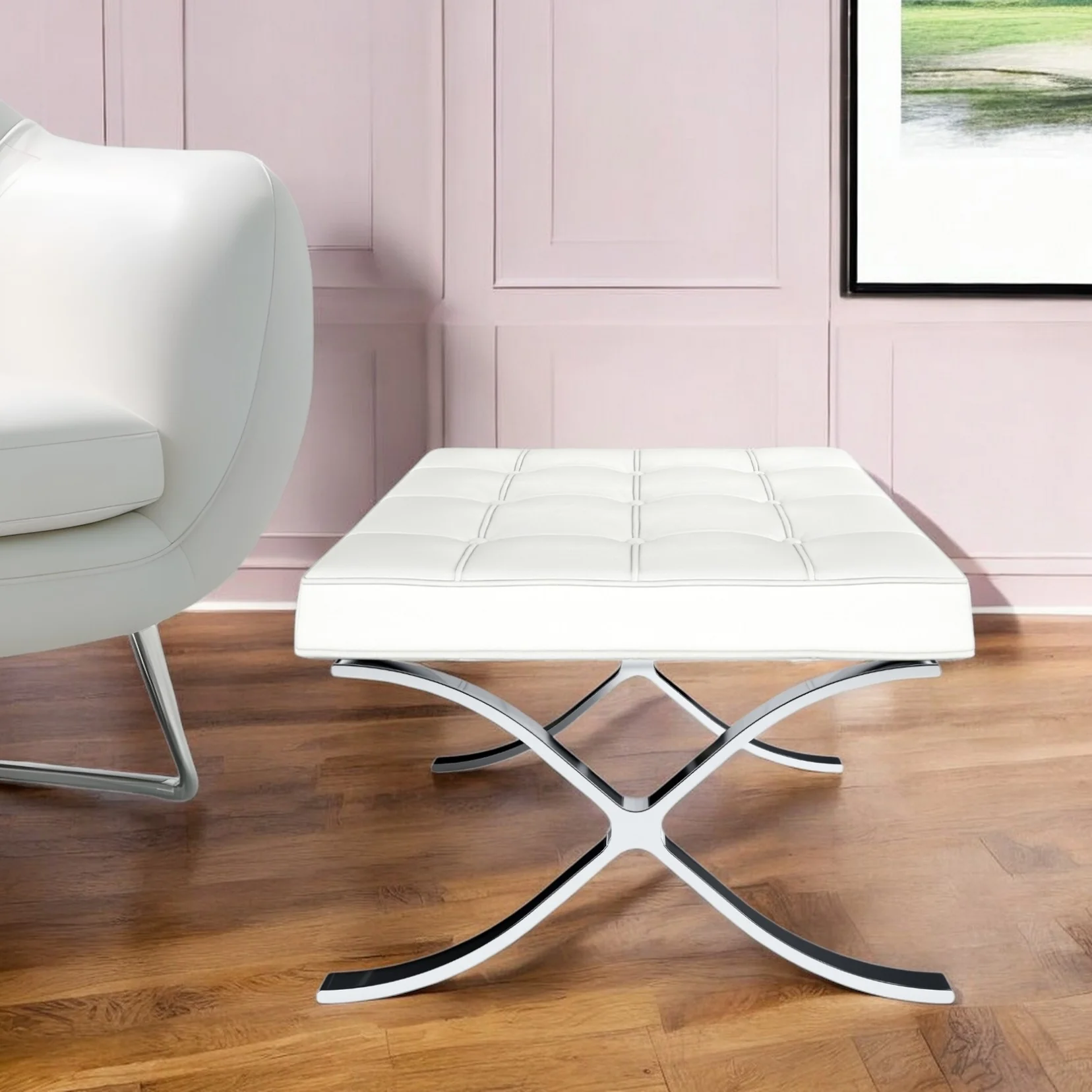 White Genuine Leather and Silver Tufted Footstool Ottoman By Homeroots