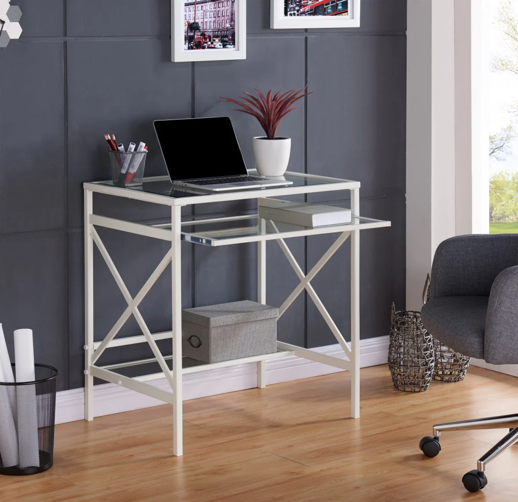 White Metal and Glass Compact Desk By Homeroots