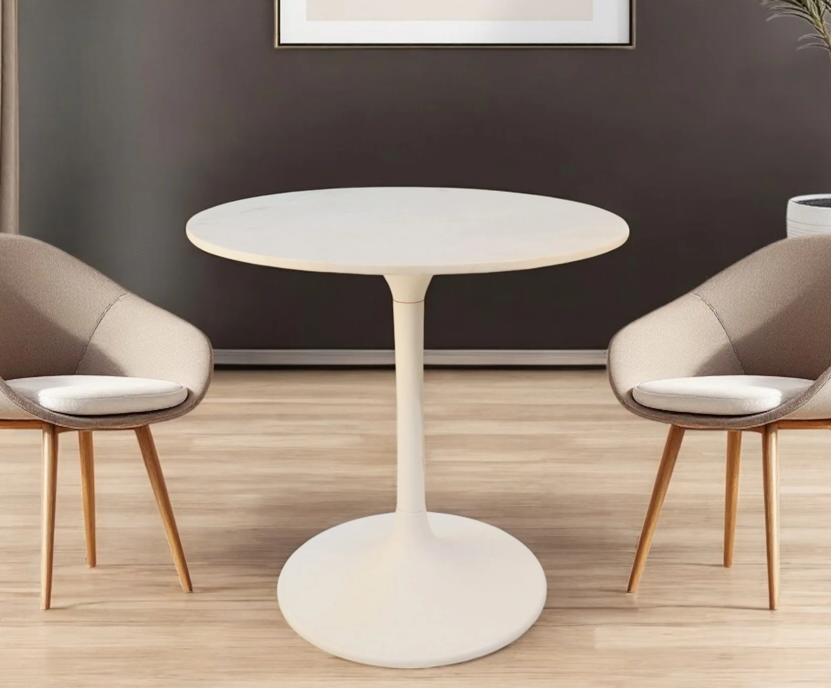 White Rounded Marble And Iron Pedestal Base Dining Table By Homeroots