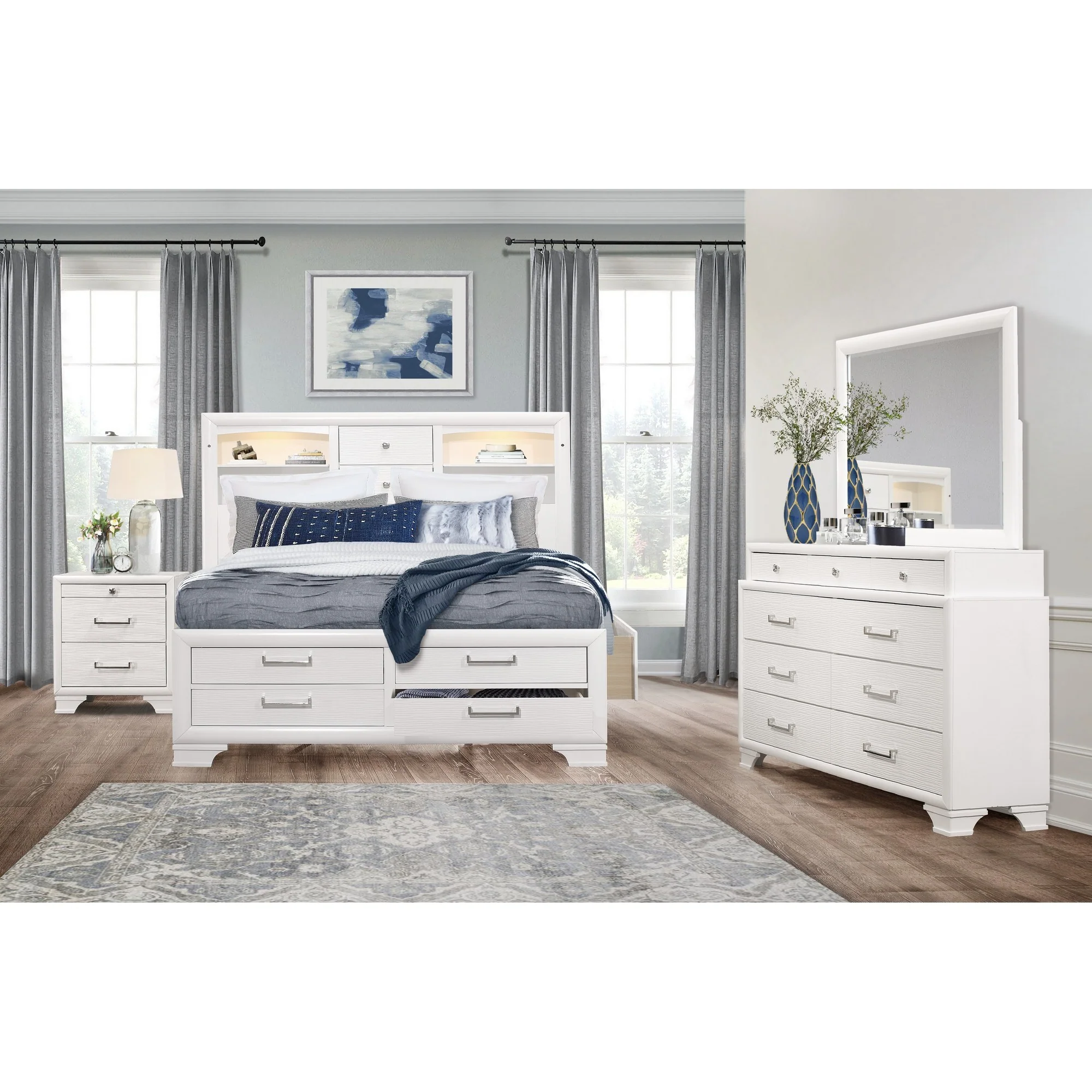 White Rubberwood Full Bed With Bookshelves Headboard Led Lightning 6 Drawers By Homeroots