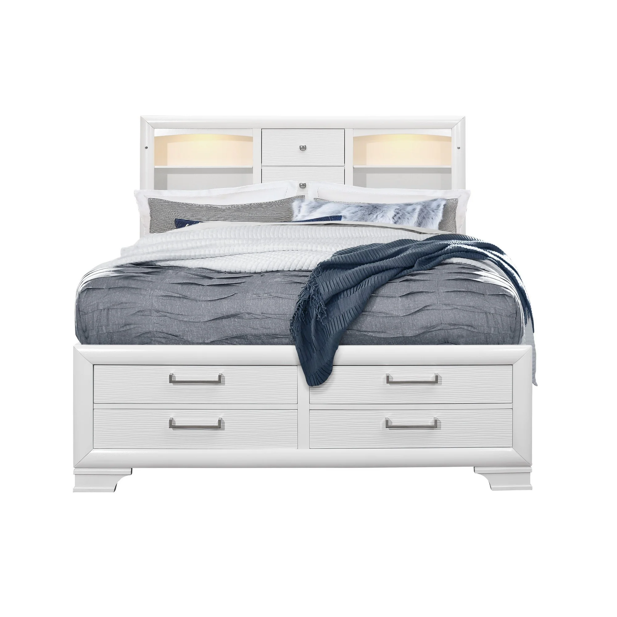 White Rubberwood Queen Bed With Bookshelves Headboard Led Lightning 6 Drawers By Homeroots - Image 2