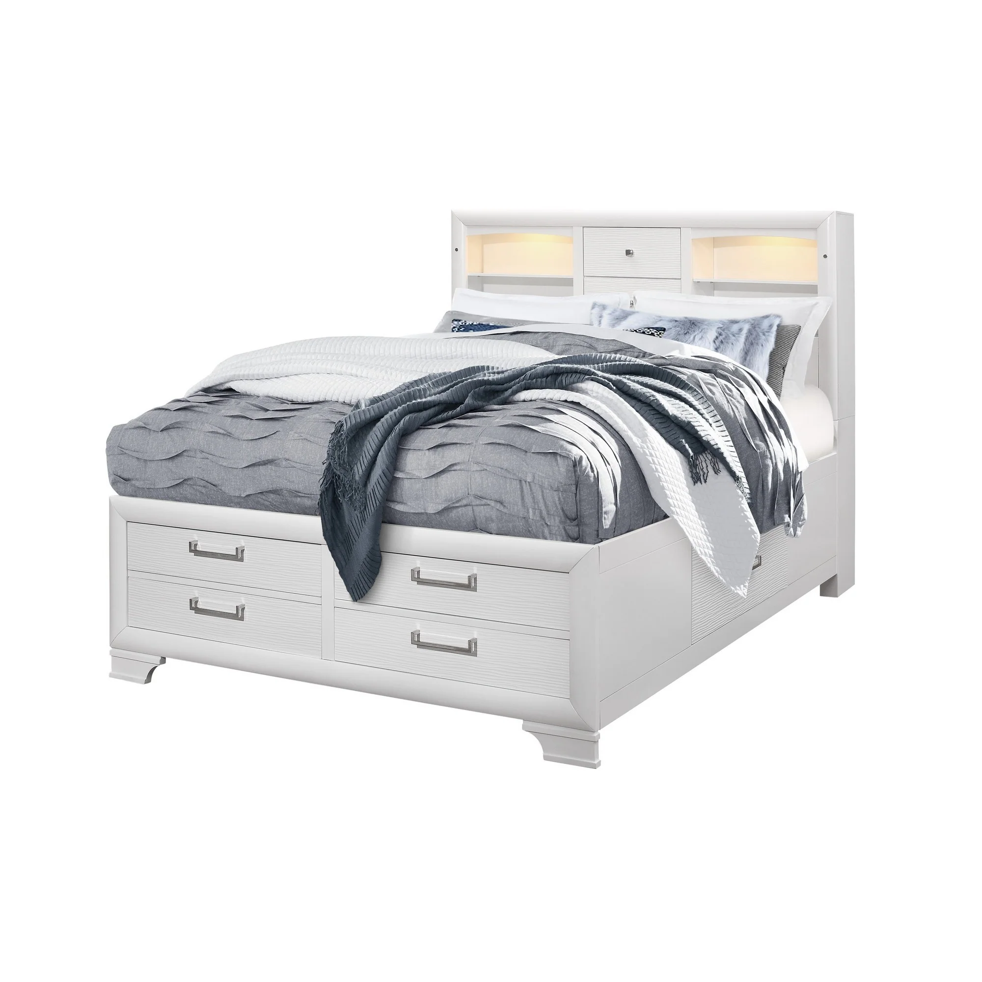 White Rubberwood Queen Bed With Bookshelves Headboard Led Lightning 6 Drawers By Homeroots - Image 3