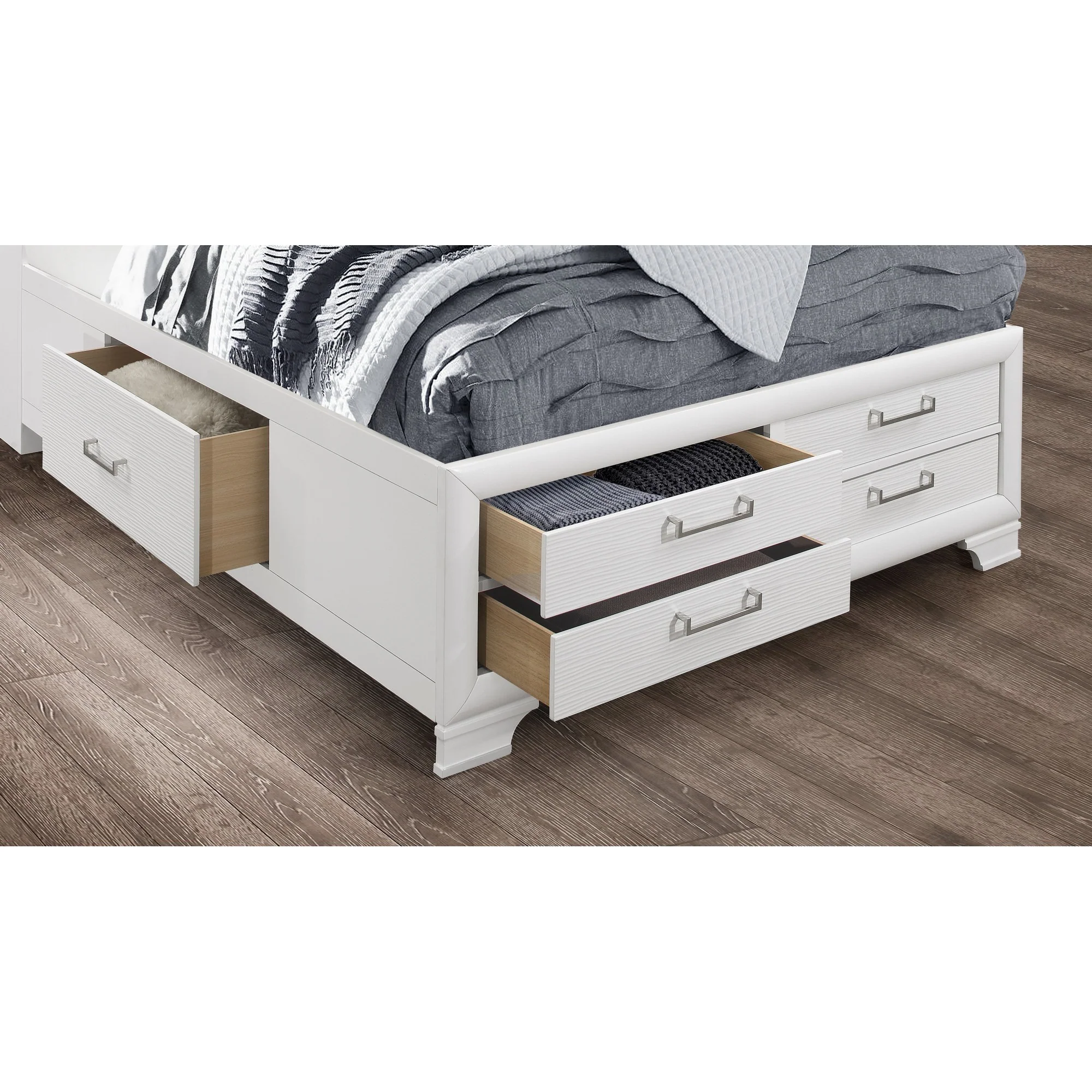 White Rubberwood Queen Bed With Bookshelves Headboard Led Lightning 6 Drawers By Homeroots - Image 4