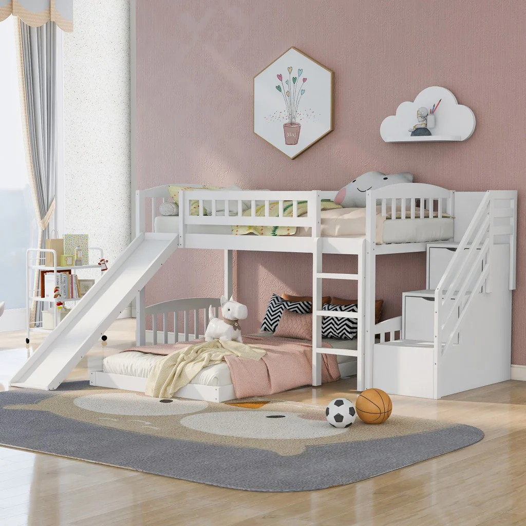 White Twin Over Twin Perpendicular Bunk Bed With Storage Stairs And Slide By Homeroots