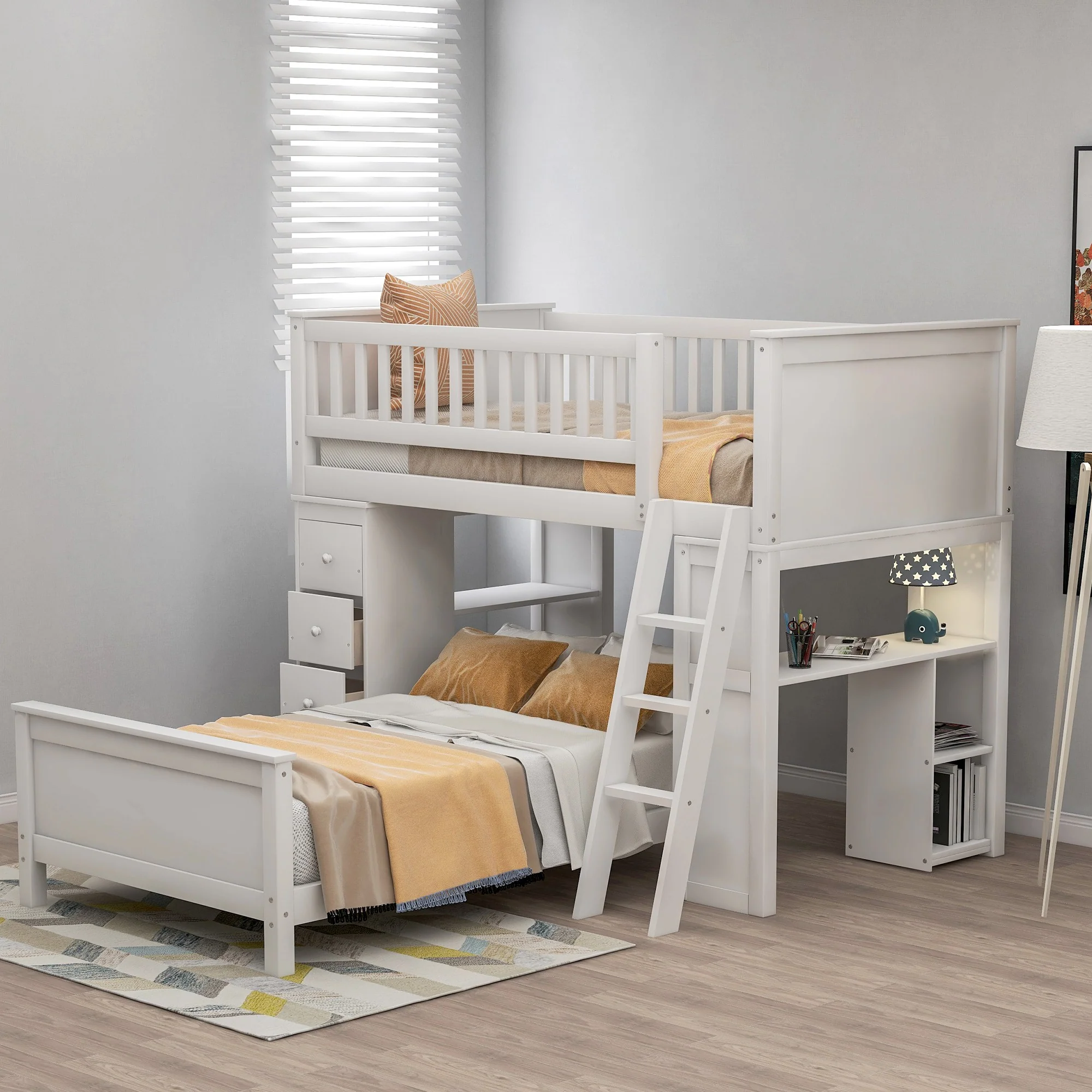 White Twin Over Twin Size Bed With Shelves And Drawers By Homeroots