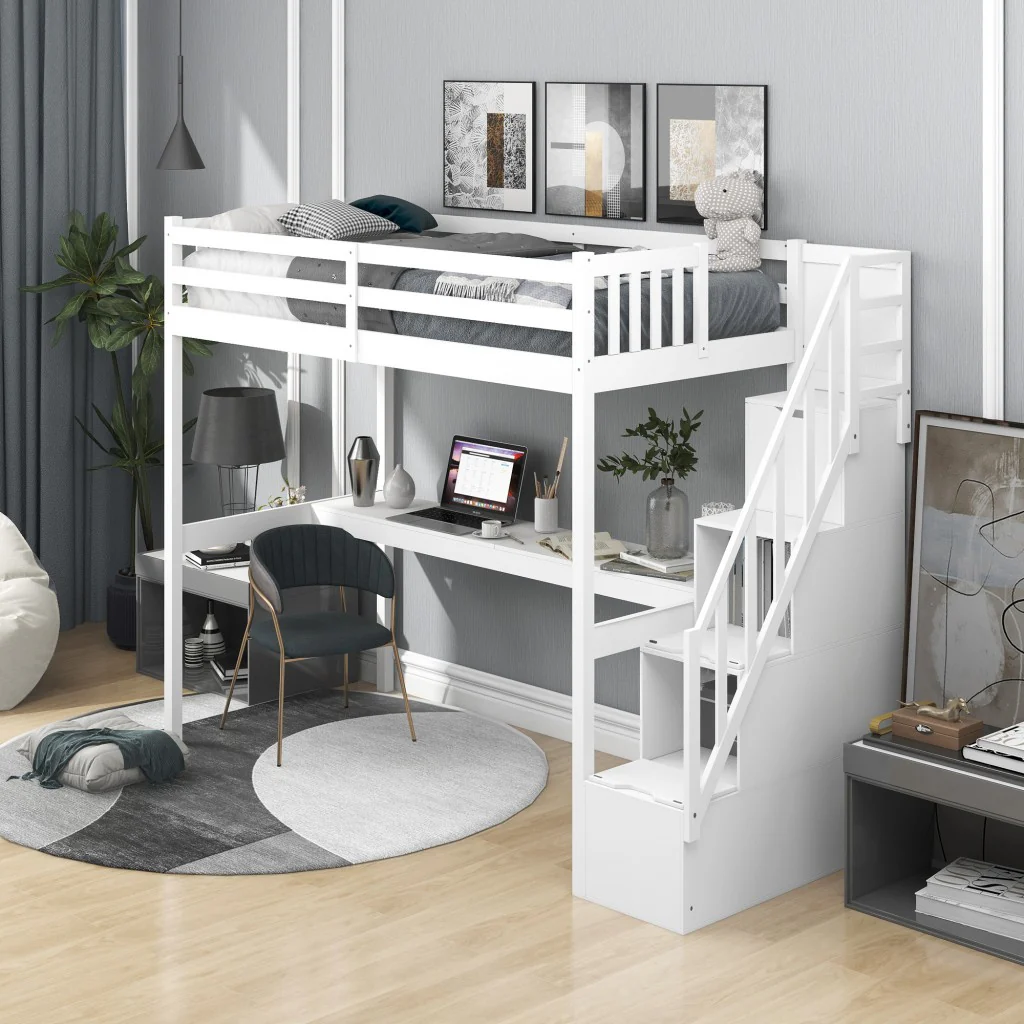 White Twin Size Loft Bed With Built In Desk And Stairway By Homeroots
