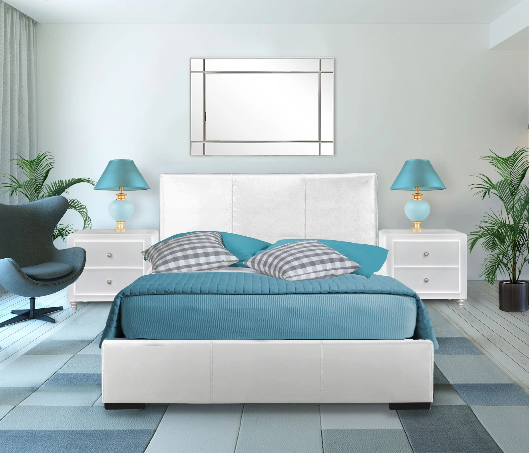 White Upholstered Platform Queen Bed With Two Nightstands By Homeroots