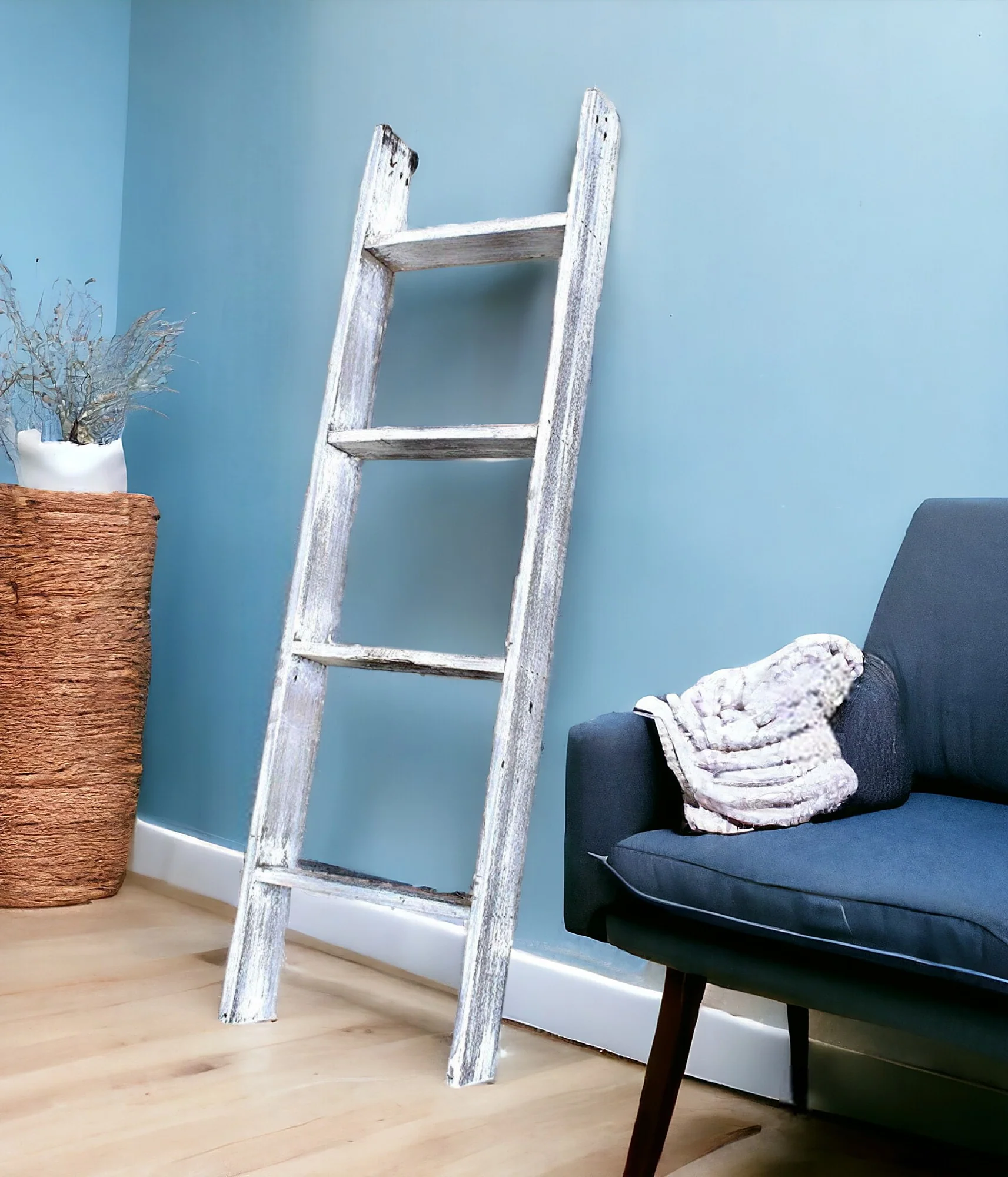 Whitewash Rustic Four Step Wood Ladder Shelf By Homeroots
