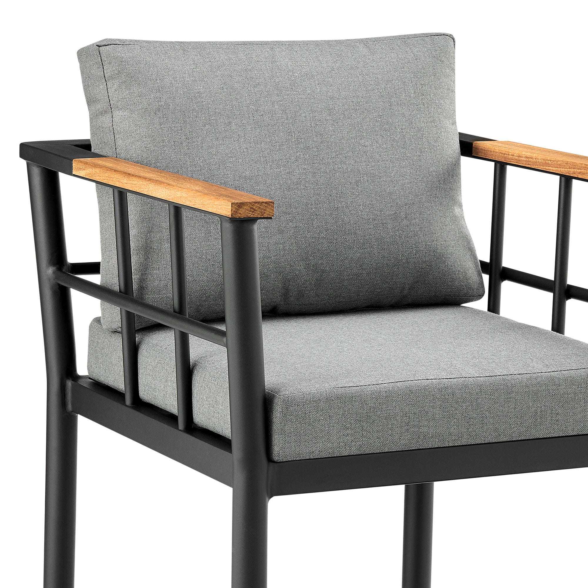 Wiglaf Outdoor Patio Bar Stool in Aluminum and Teak with Grey Cushions By Armen Living - Image 10