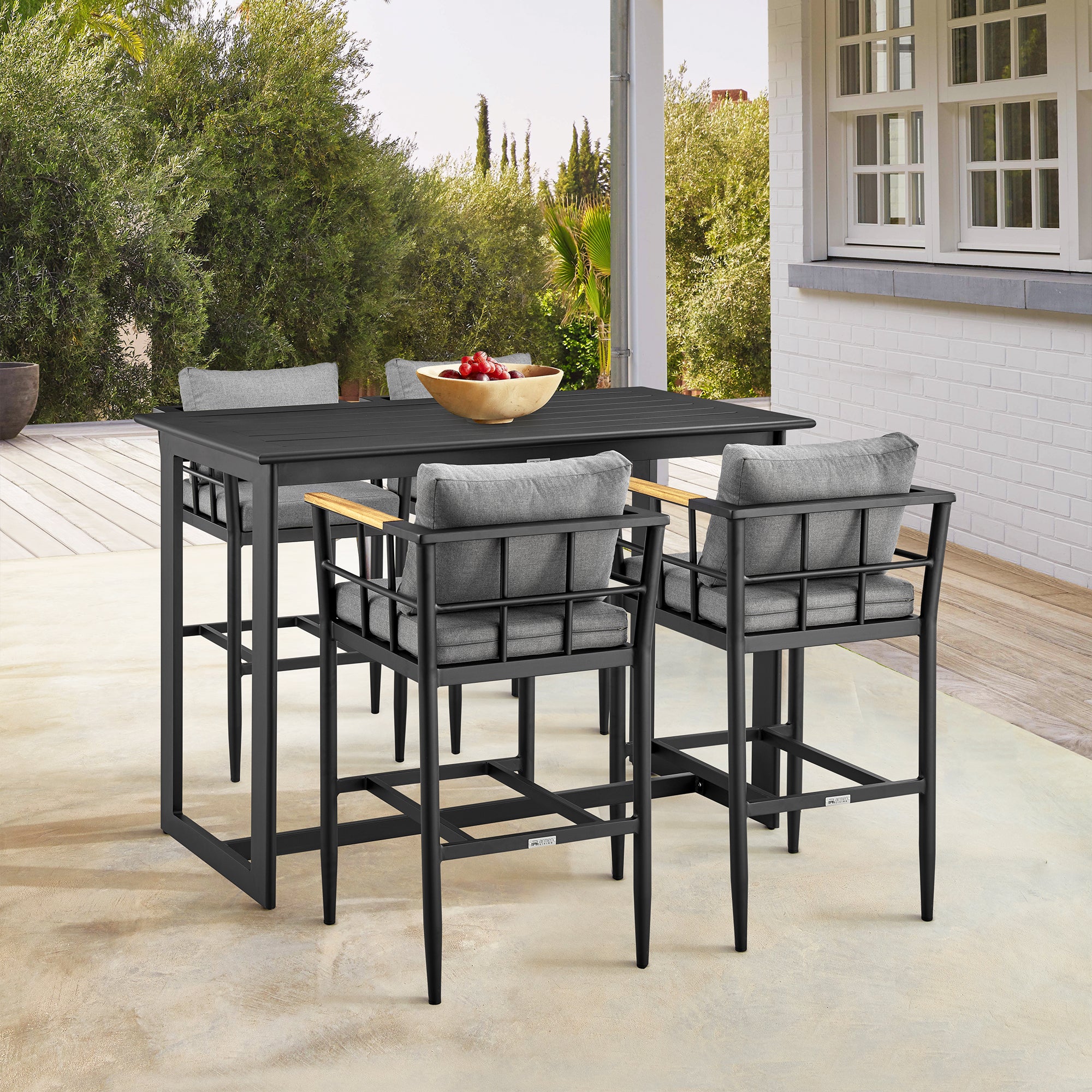Wiglaf Outdoor Patio Bar Stool in Aluminum and Teak with Grey Cushions By Armen Living - Image 3
