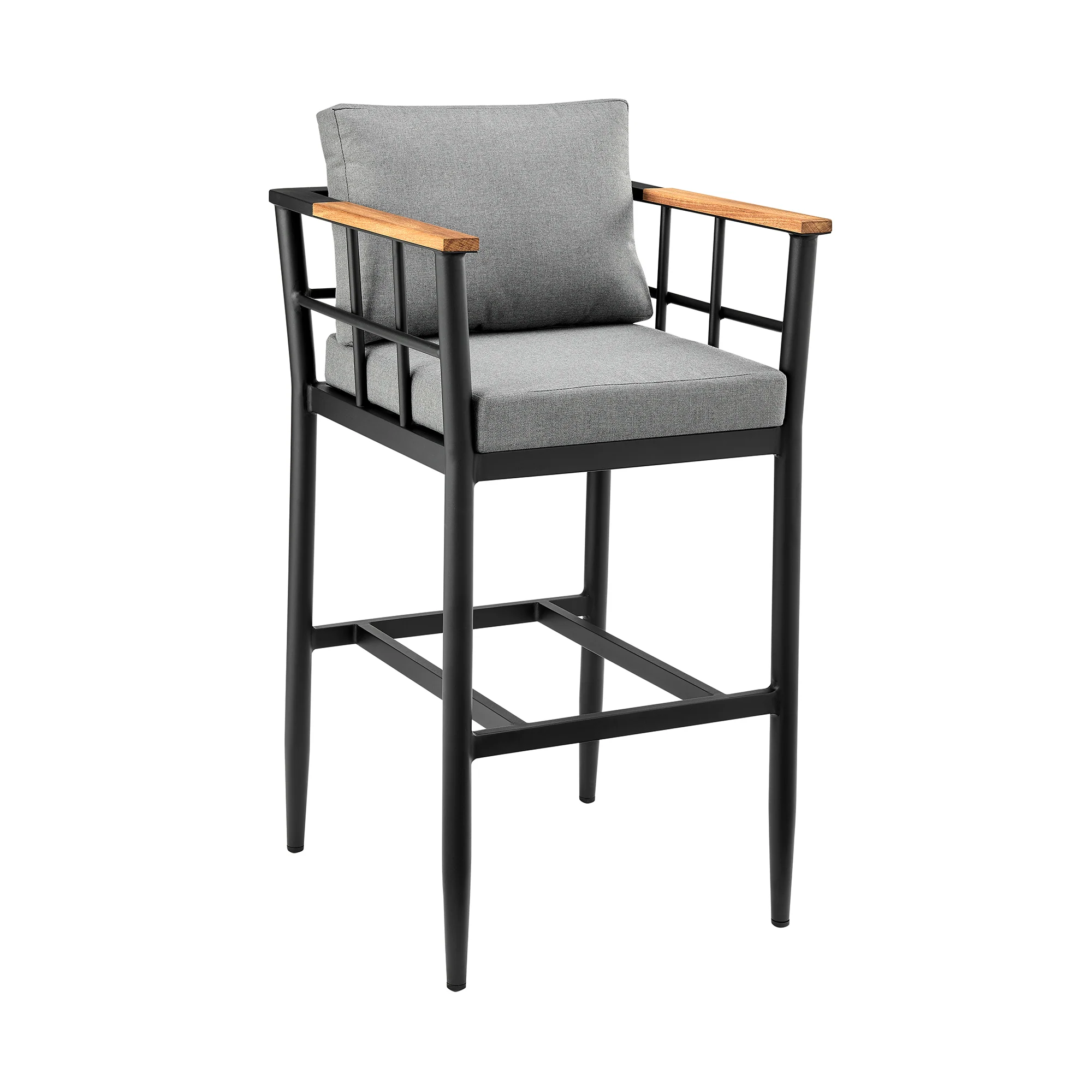 Wiglaf Outdoor Patio Counter Height Bar Stool in Aluminum and Teak with Grey Cushions By Armen Living - Image 2