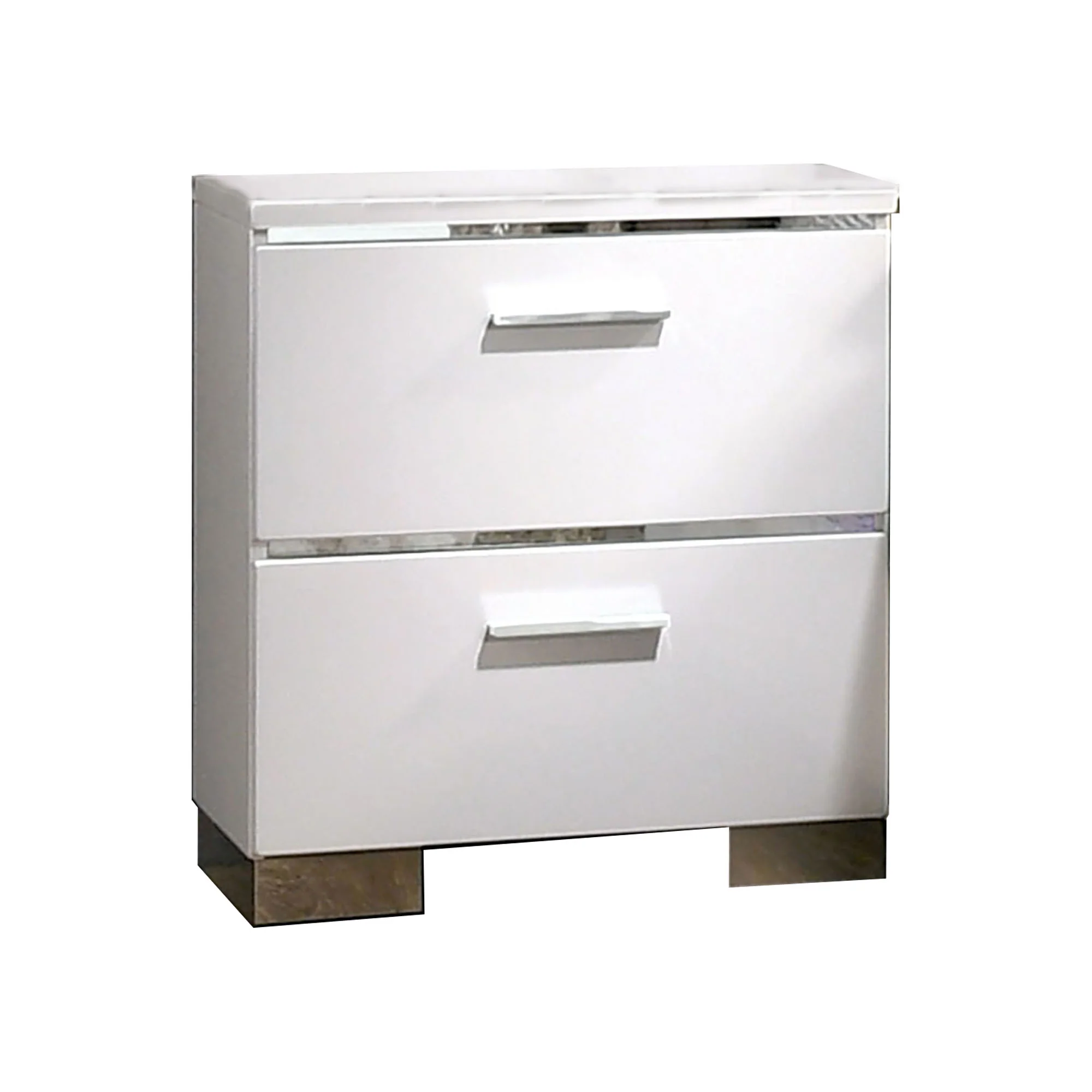 Wood And Metal Nightstand With 2 Drawers, White And Silver By Benzara