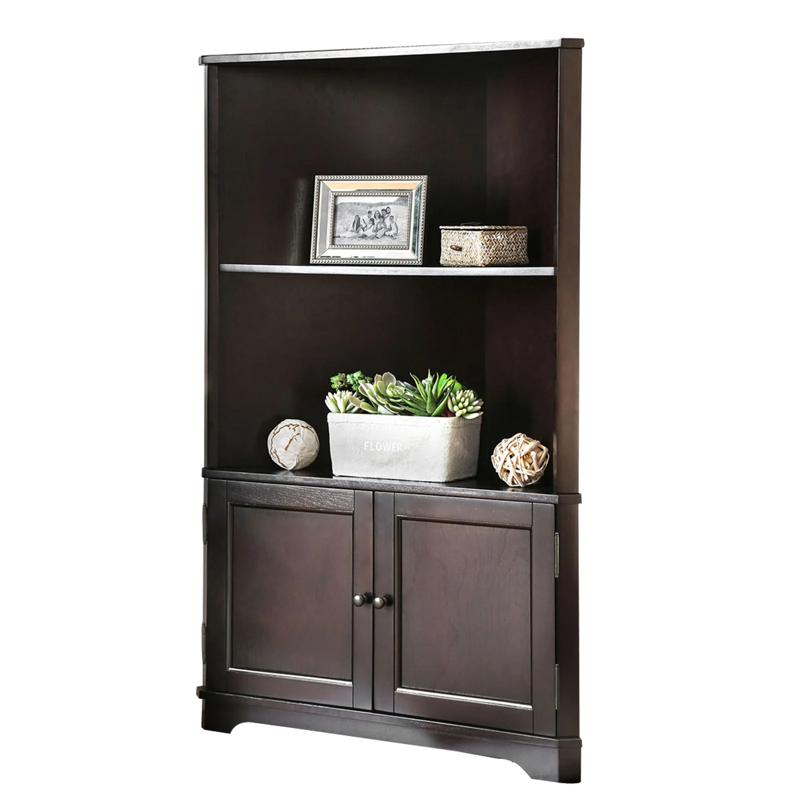 Wooden Bookshelf with 2 Open Compartments and 2 Doors, Walnut Brown By Benzara
