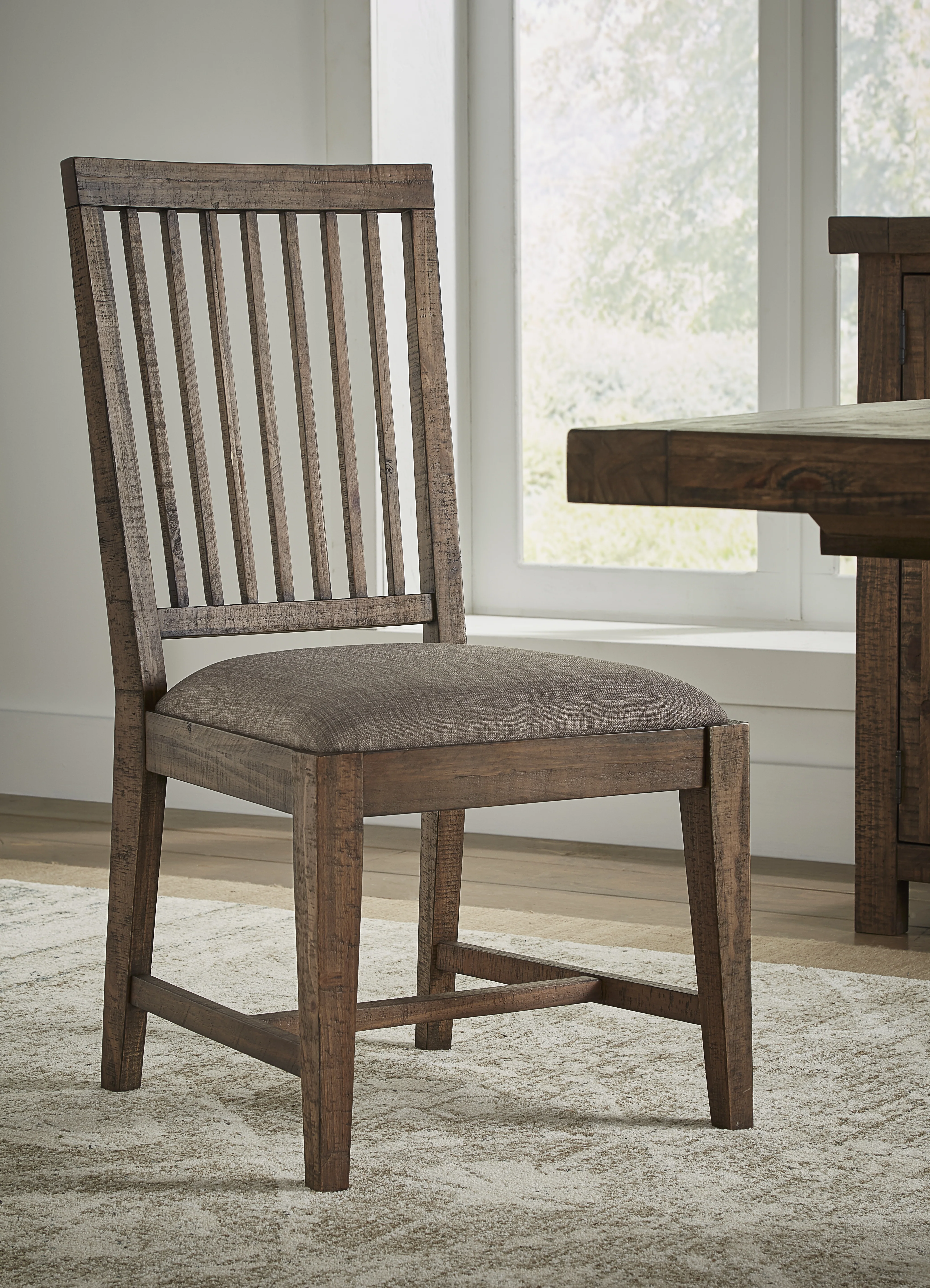 Wooden Chair with Fabric Upholstered Seat and Slat Style Back, Set of 2, Oak Brown and Gray By Benzara