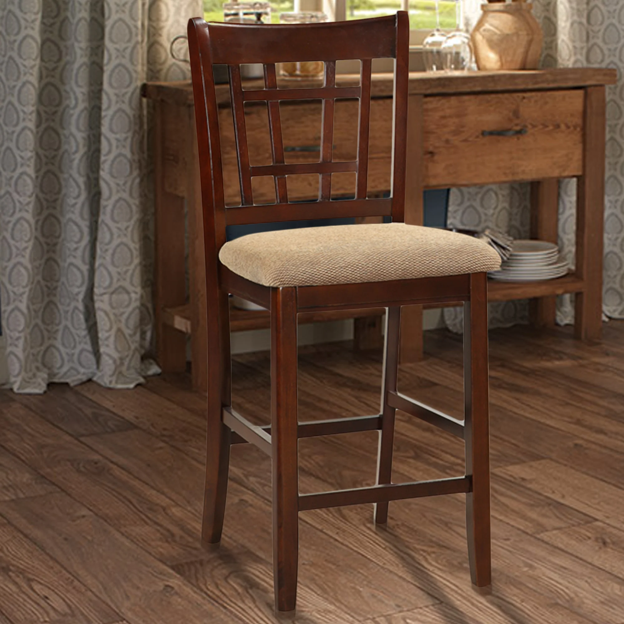 Wooden Counter Height Chair, Dark Brown & Cream, Set Of 2 By Benzara