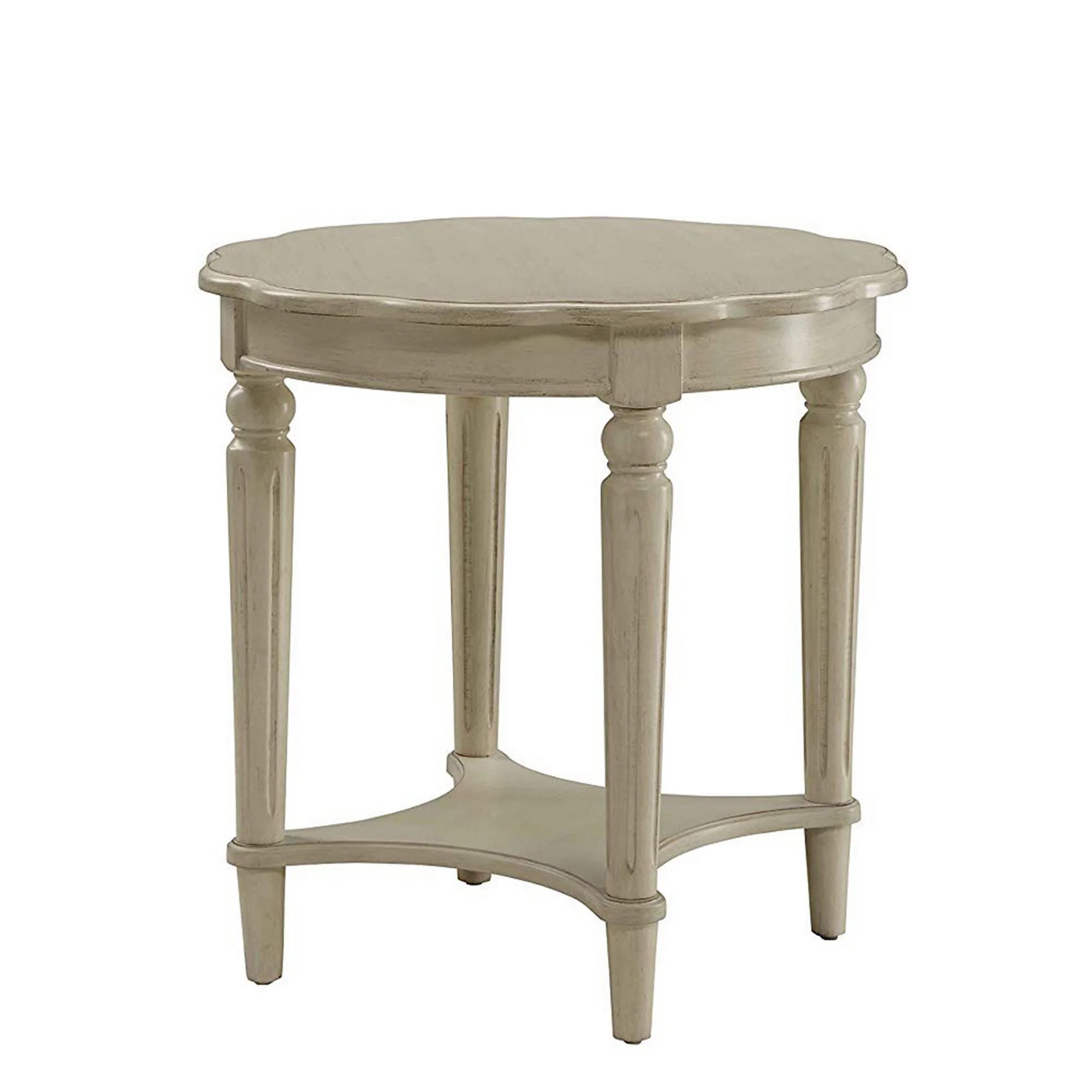 Wooden End Table With Scalloped Round Top And Turned Legs, Antique White By Benzara