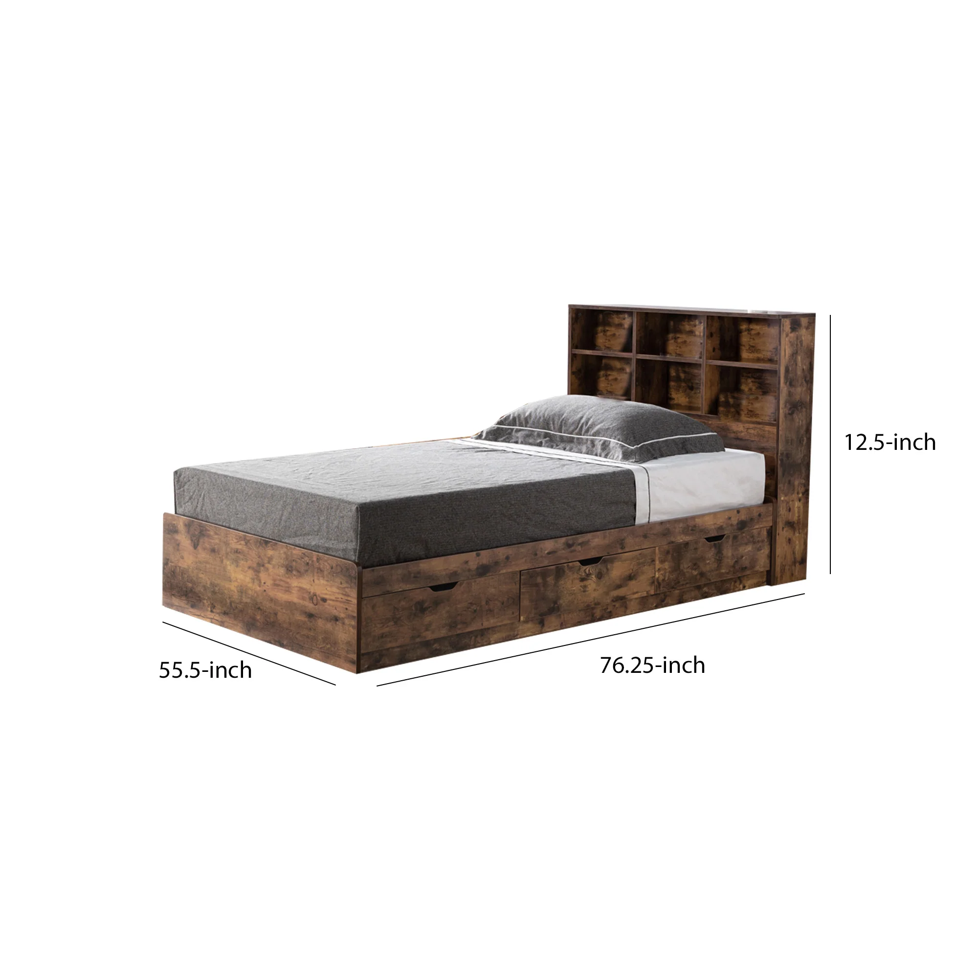 Wooden Frame 3 Drawers Twin Size Chest Bed, Distressed Brown By Benzara - Image 2