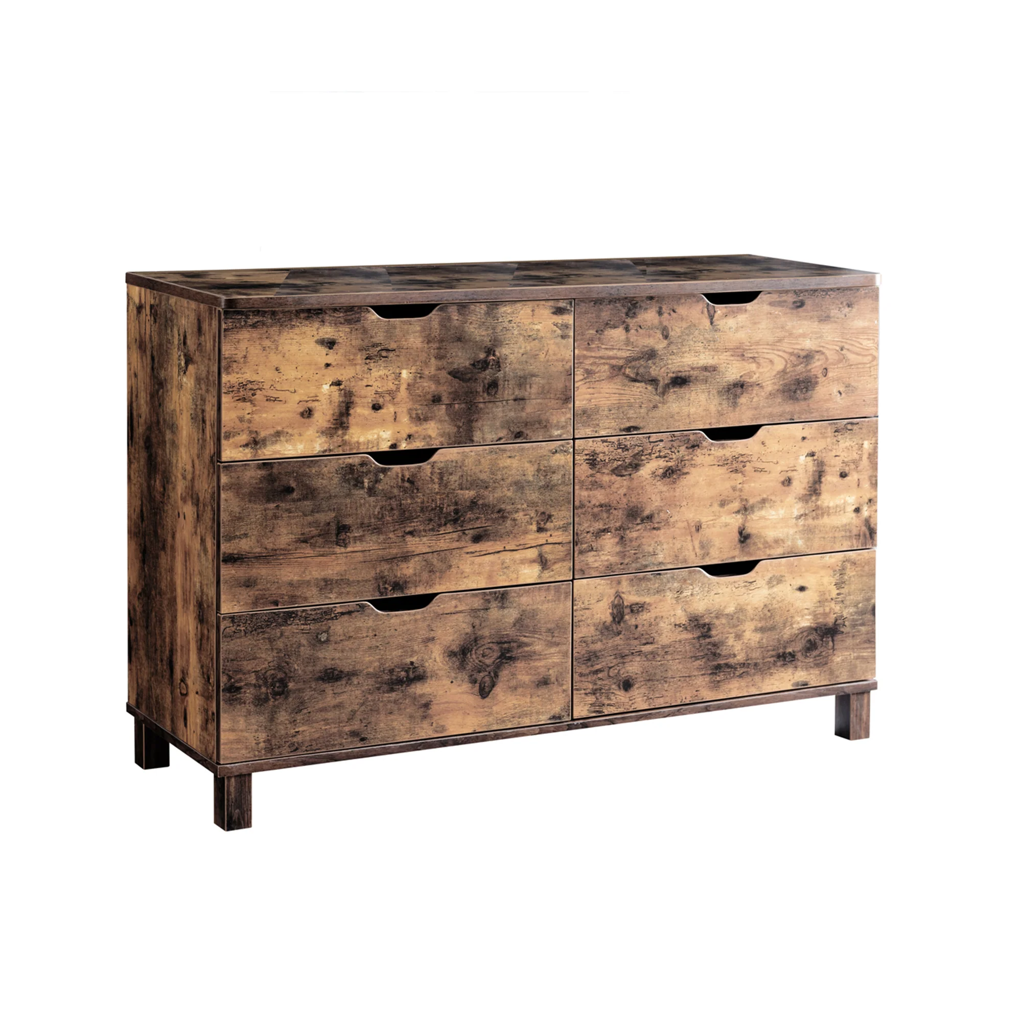 Wooden Frame Dresser With 6 Drawers And Straight Legs, Distressed Brown By Benzara