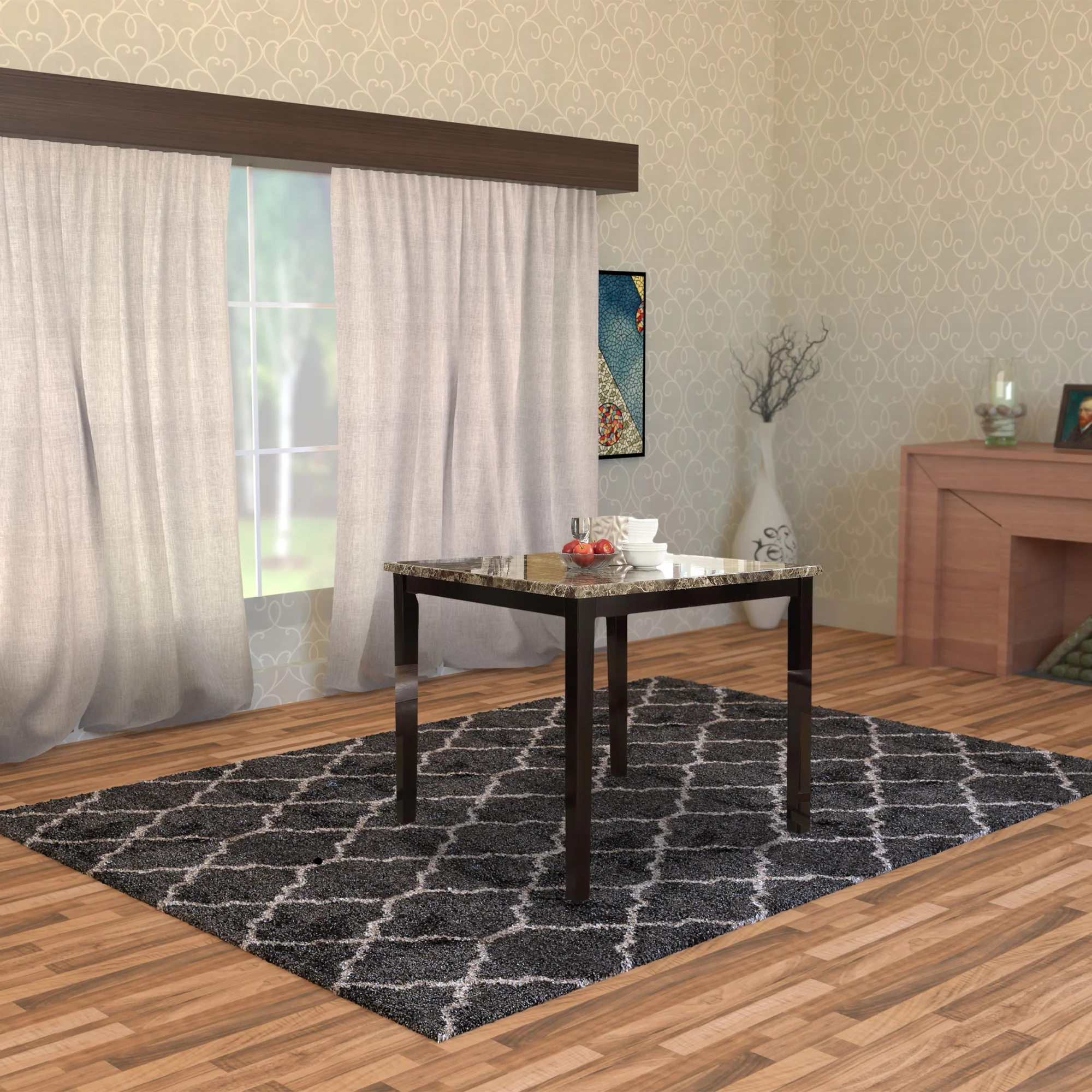 Wooden High Table Faux Marble Top, Brown By Benzara