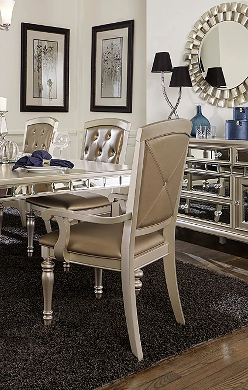 Wooden & Leather Dining Side Arm Chair With Crystal Tufting, Silver, Set Of 2 By Benzara