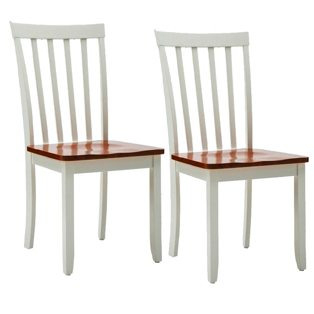 Wooden Seat Dining Chair With Slatted Backrest, Set Of 2, Brown And White By Benzara