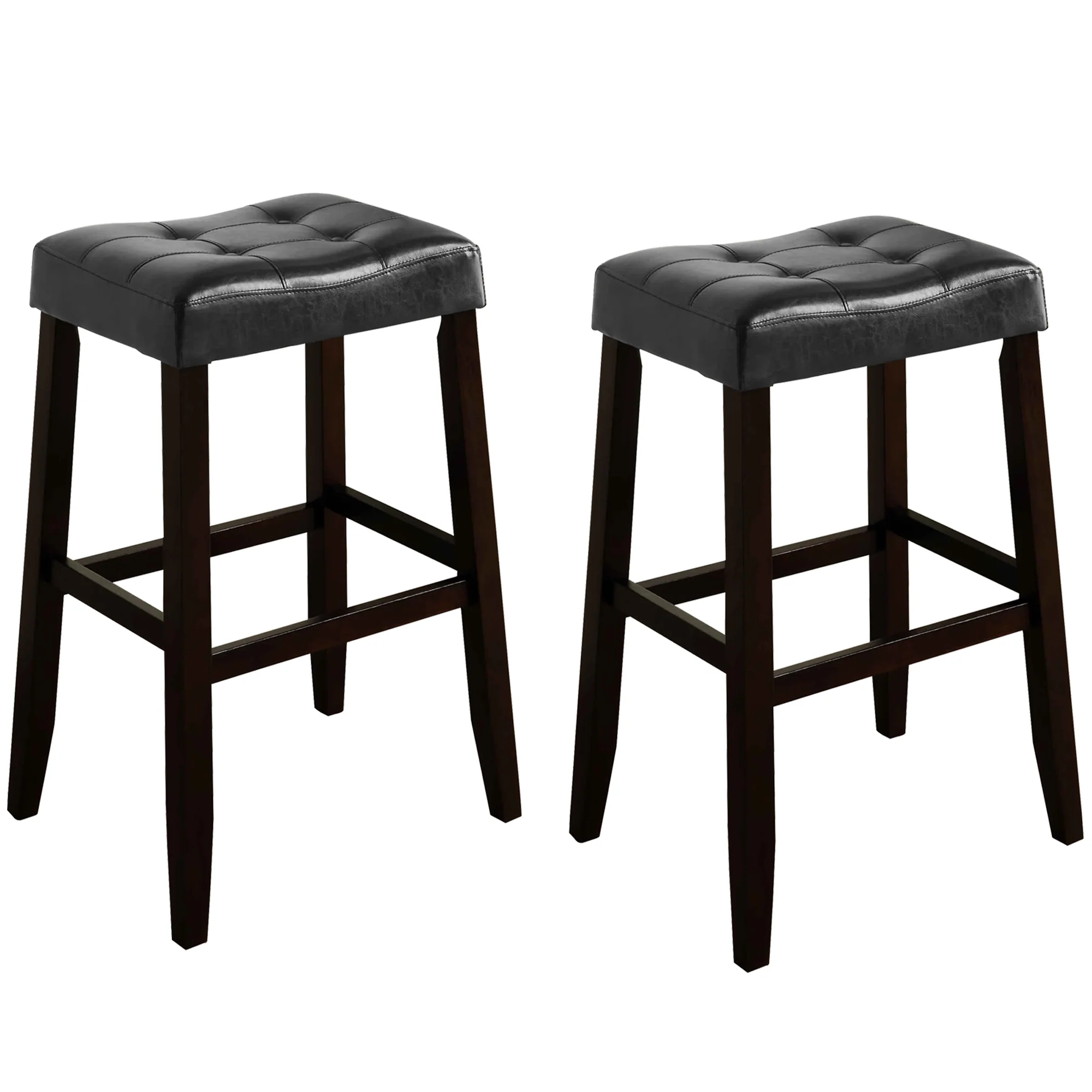 Wooden Stool With Saddle Seat And Button Tufting Set Of 2 Black And Brown By Benzara